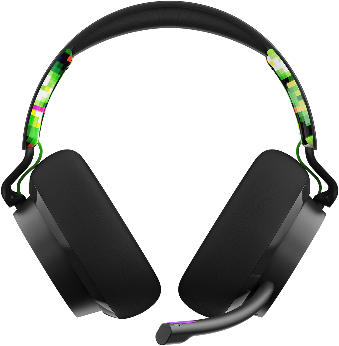 Fekete gaming headset pixeles dizájnnal a fejpánton és mikrofonnal.