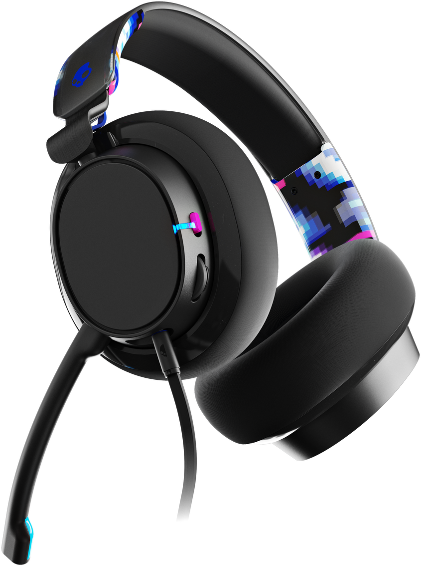 Fekete gaming headset mikrofonnal. Pixelált, színes dizájn a fejpánton.