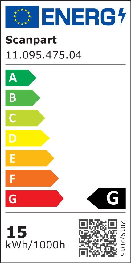 Energia címke energiahatékonyságot mutat, több színes sávval és szöveggel.