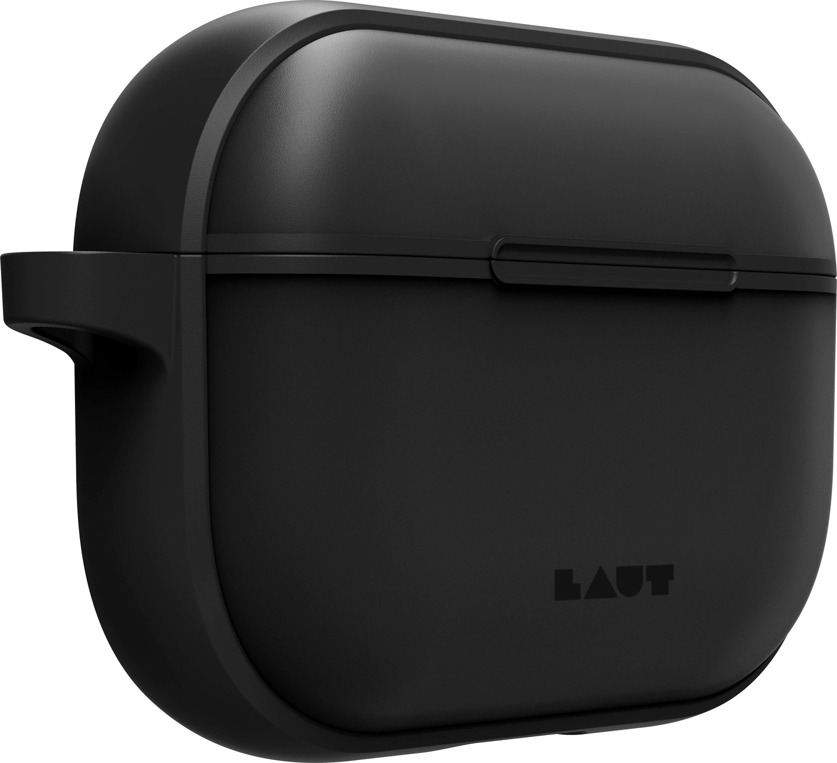 Un étui de protection noir et arrondi pour écouteurs avec le logo LAUT.