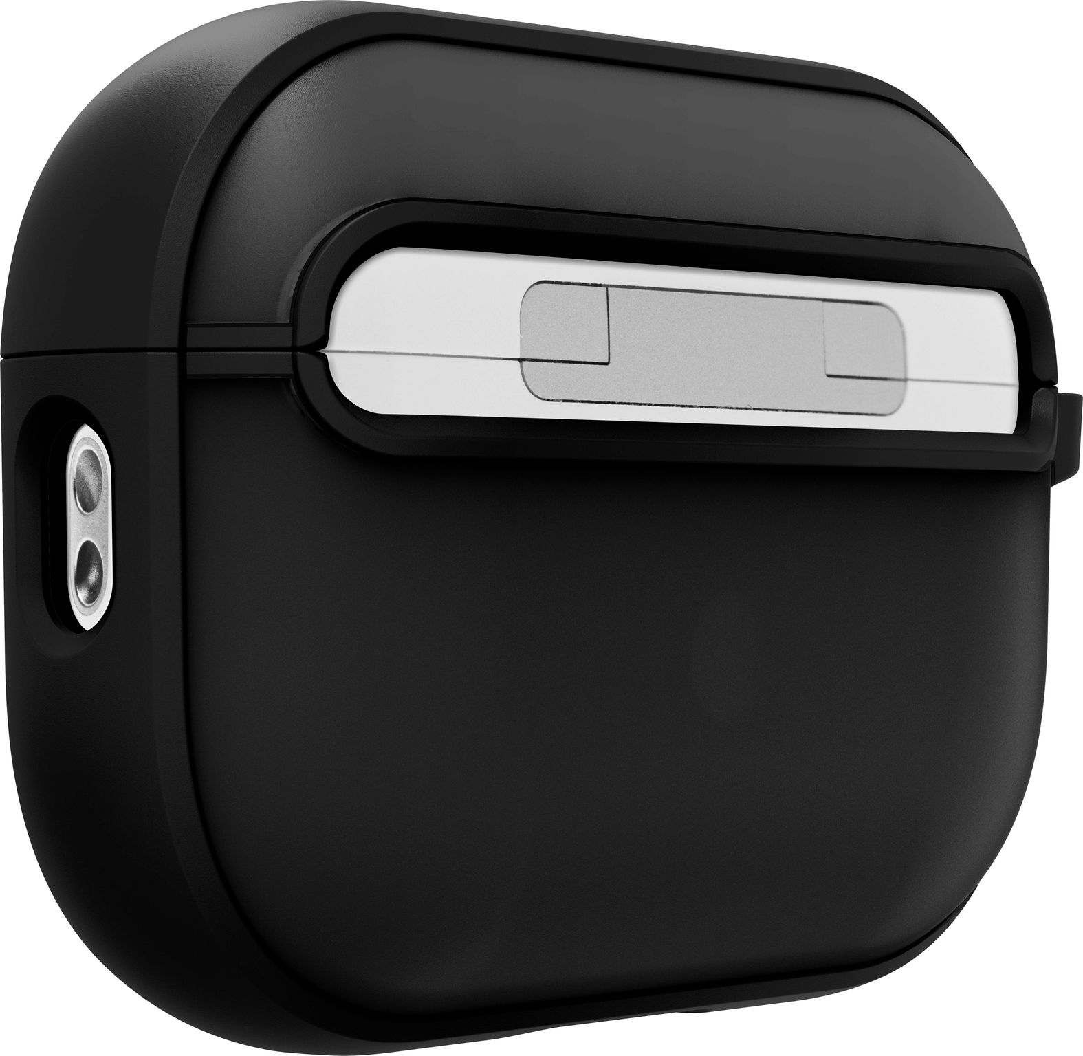 Étui d'écouteurs noir avec un accent blanc et un port de charge.