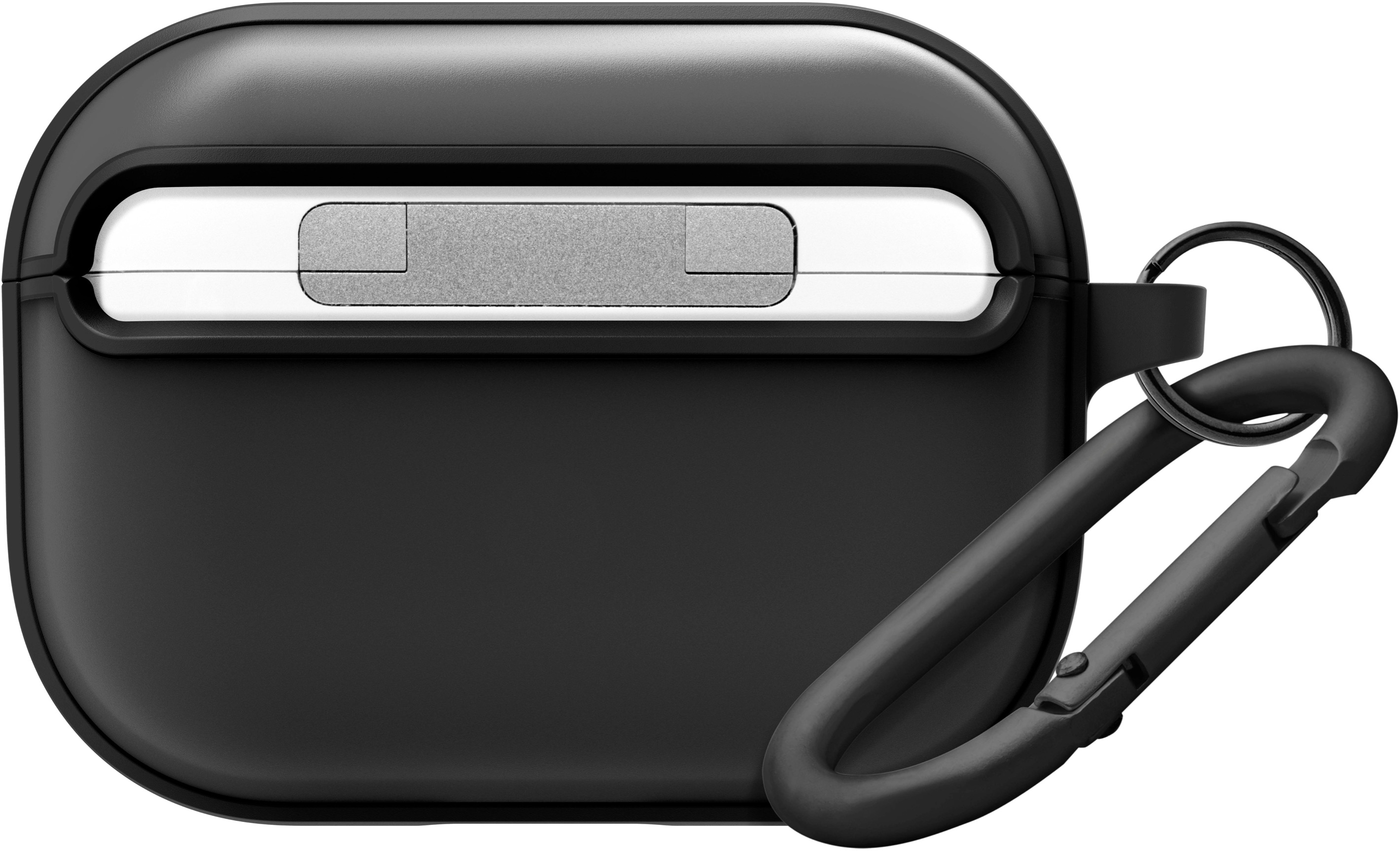Étui AirPods noir avec un mousqueton noir attaché.