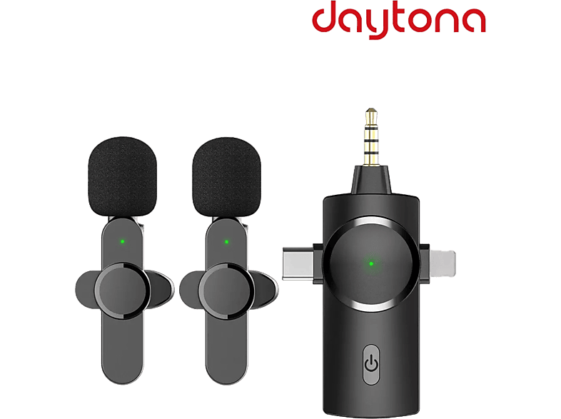 DAYTONA K9-C2 Wireless 3 in 1 Kablosuz Type-C - Lightning -3.5mm Jak Çiftli Yaka Mikrofonu Siyah