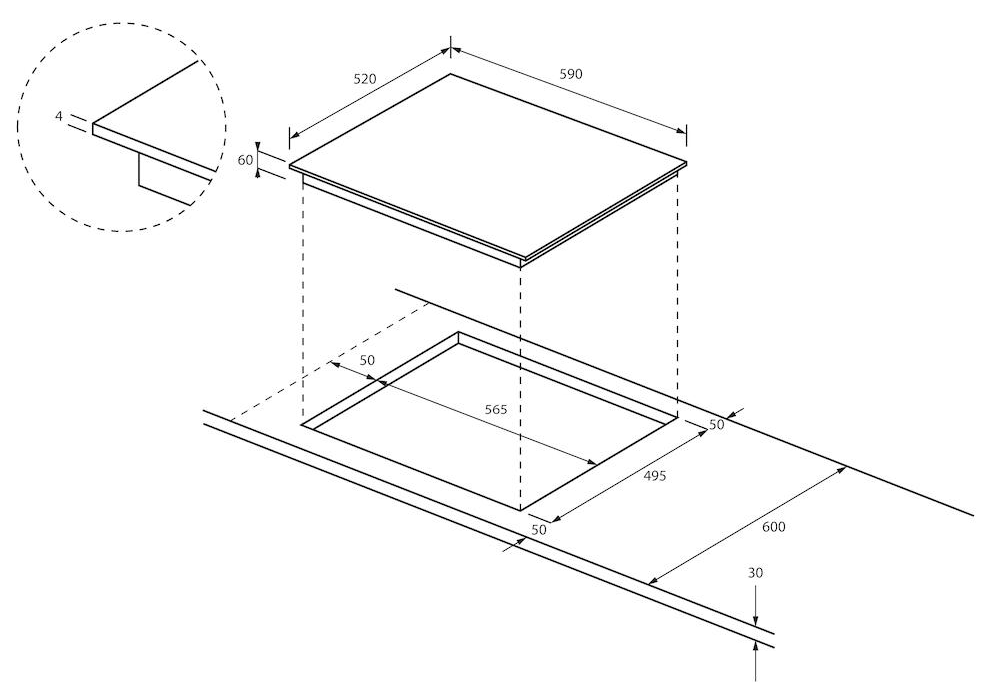 Főzőlap diagramja méretekkel és kivágással.