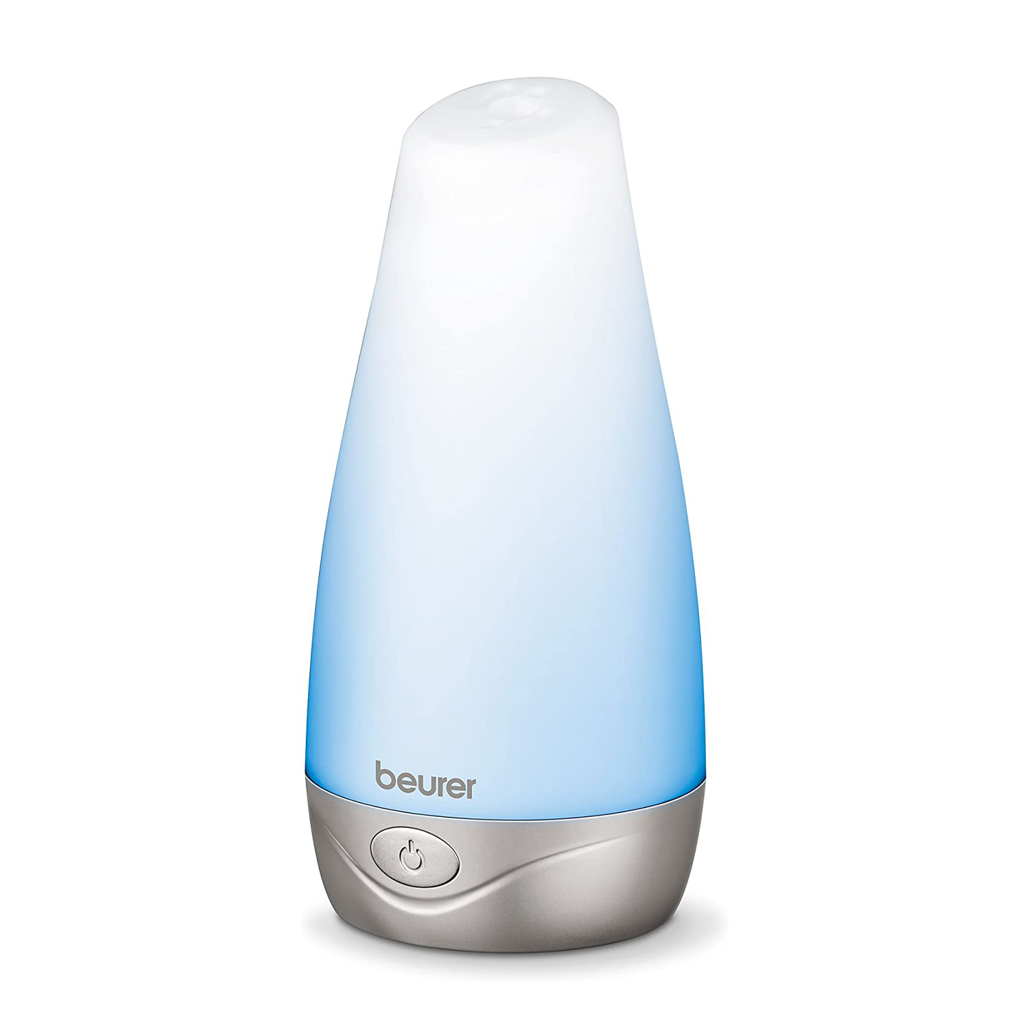 Un diffusore per aromaterapia bianco e blu, un piccolo pulsante in basso.