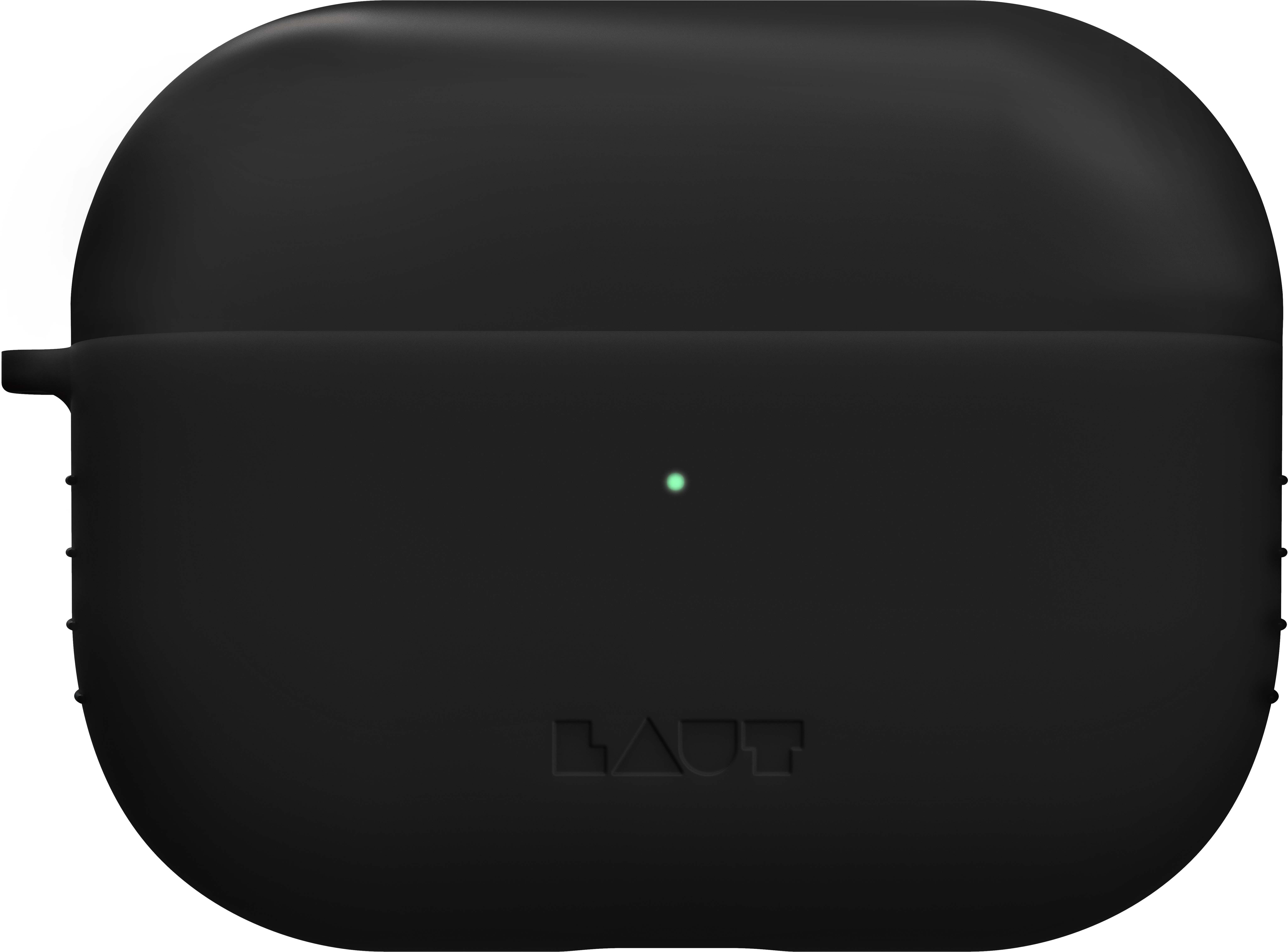 Étui noir pour AirPods Pro avec le logo LAUT et une petite lumière verte.