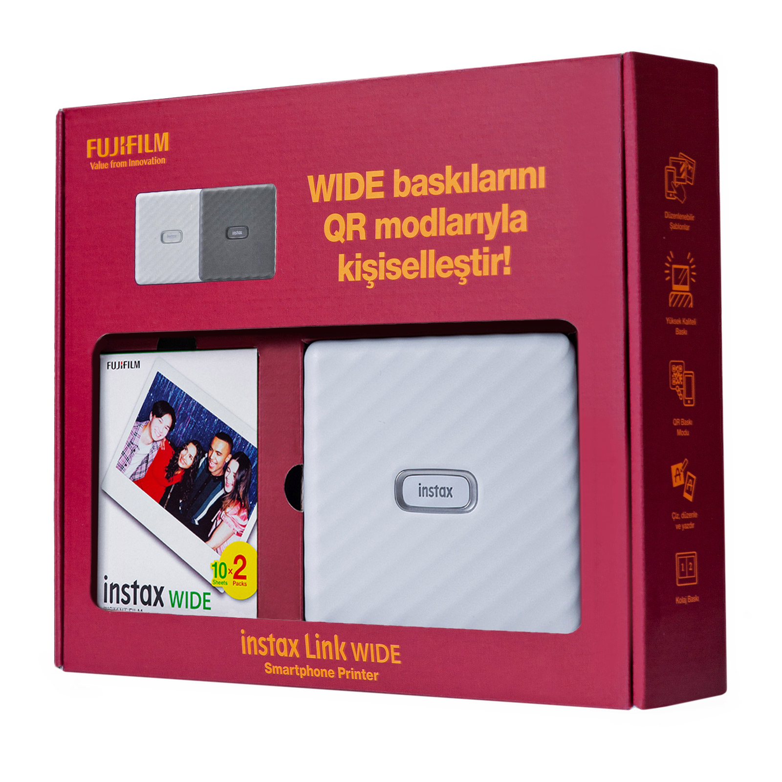 İçinde yazıcı ve fotoğraf bulunan Instax Link Wide yazıcı kutusu, kırmızı ambalaj.