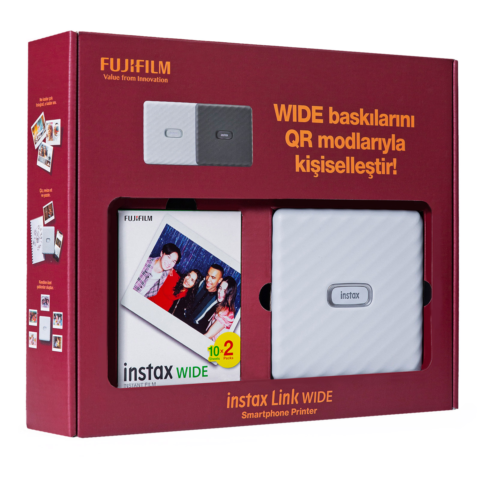 Beyaz bir kasaya sahip beyaz bir Instax geniş fotoğraf yazıcısı.