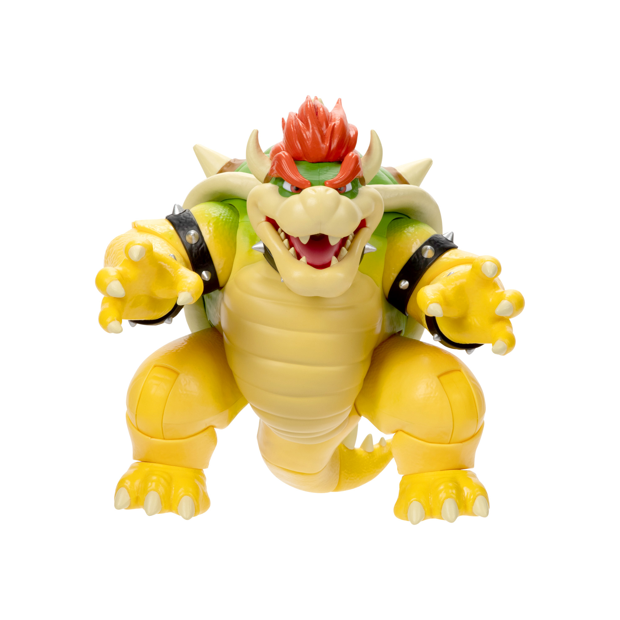 Bowser-Spielzeugfigur von Super Mario, gelber Körper, grüner Panzer, orangefarbenes Haar.
