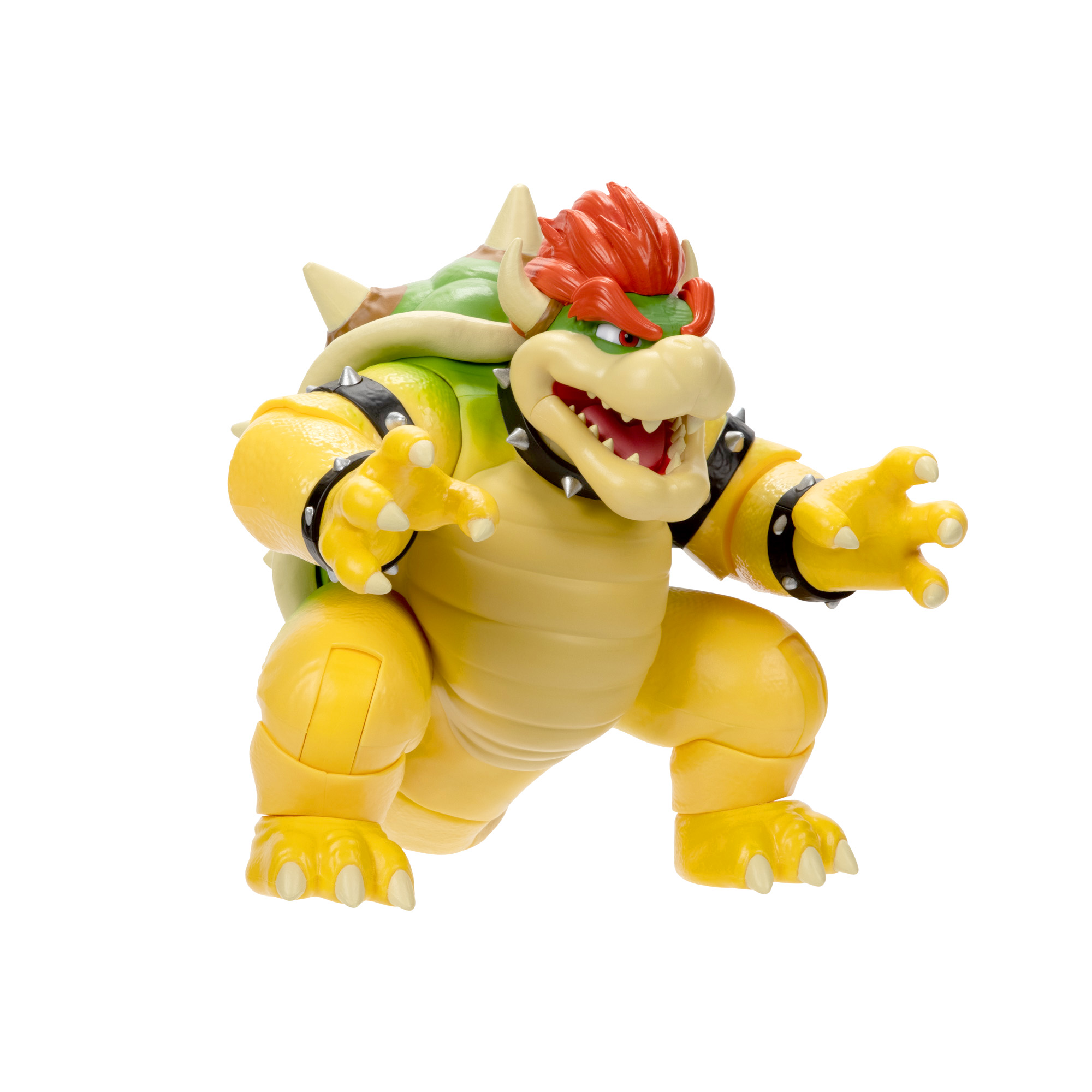 Bowser-Spielfigur. Gelber Körper, grüner Panzer, rotes Haar. Steht auf Beinen, offener Mund.