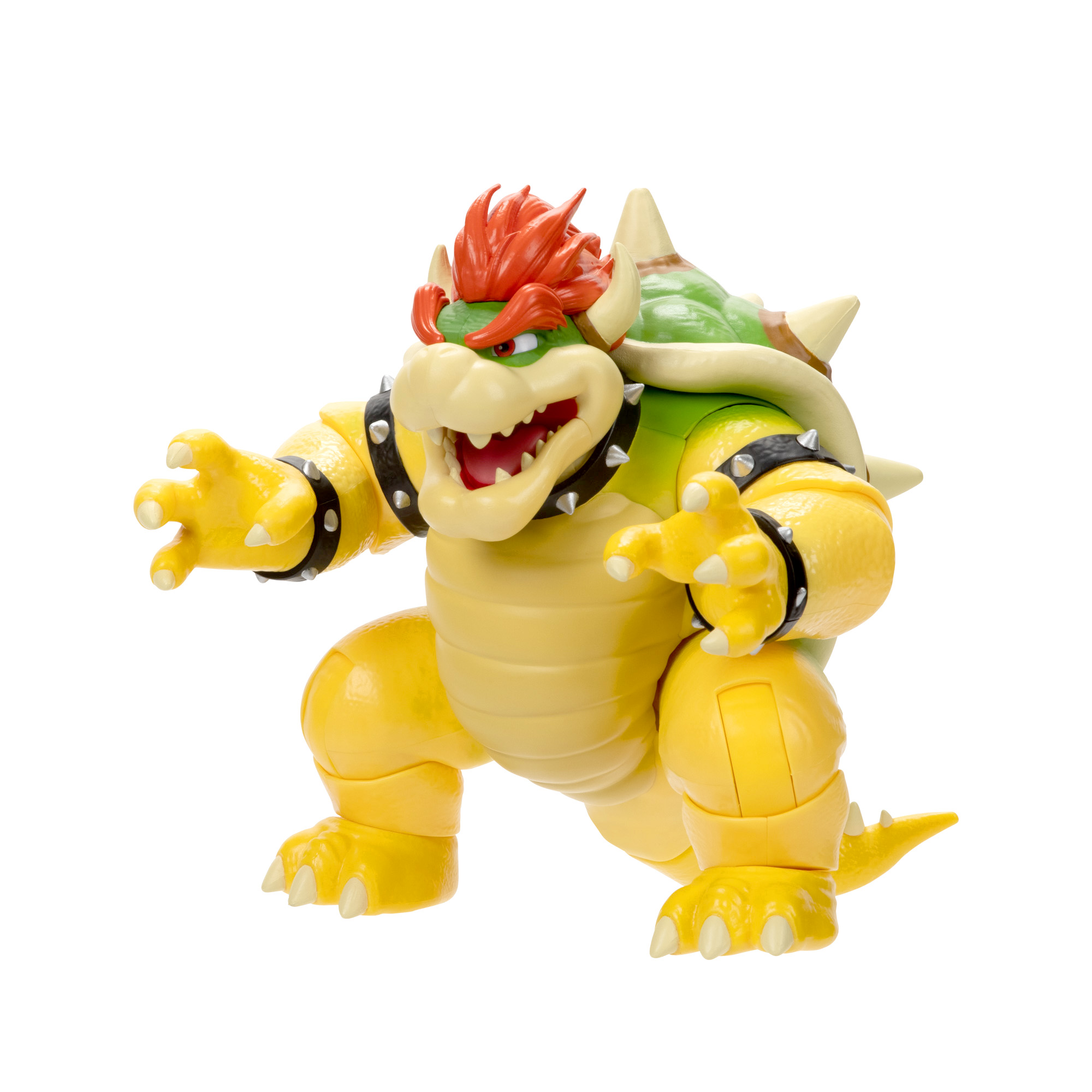 Bowser, eine gelbe und grüne Zeichentrickfigur, steht mit ausgestreckten Armen da.