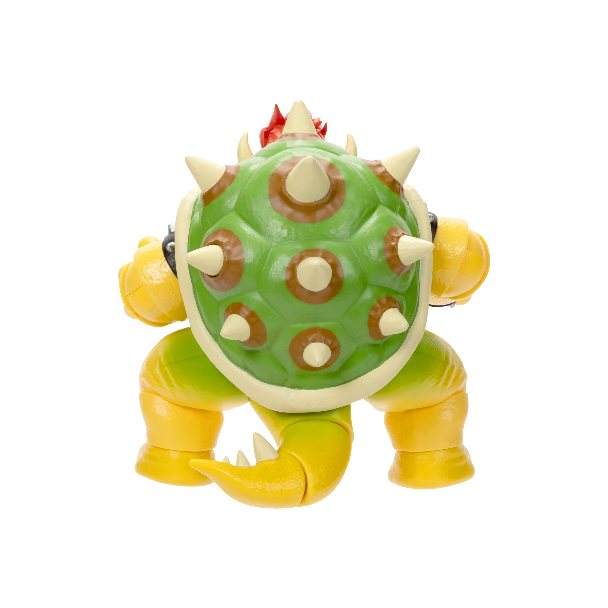 Bowser-Spielzeugfigur, grün und gelb mit Stacheln und einem Panzer, isoliert auf Weiß.