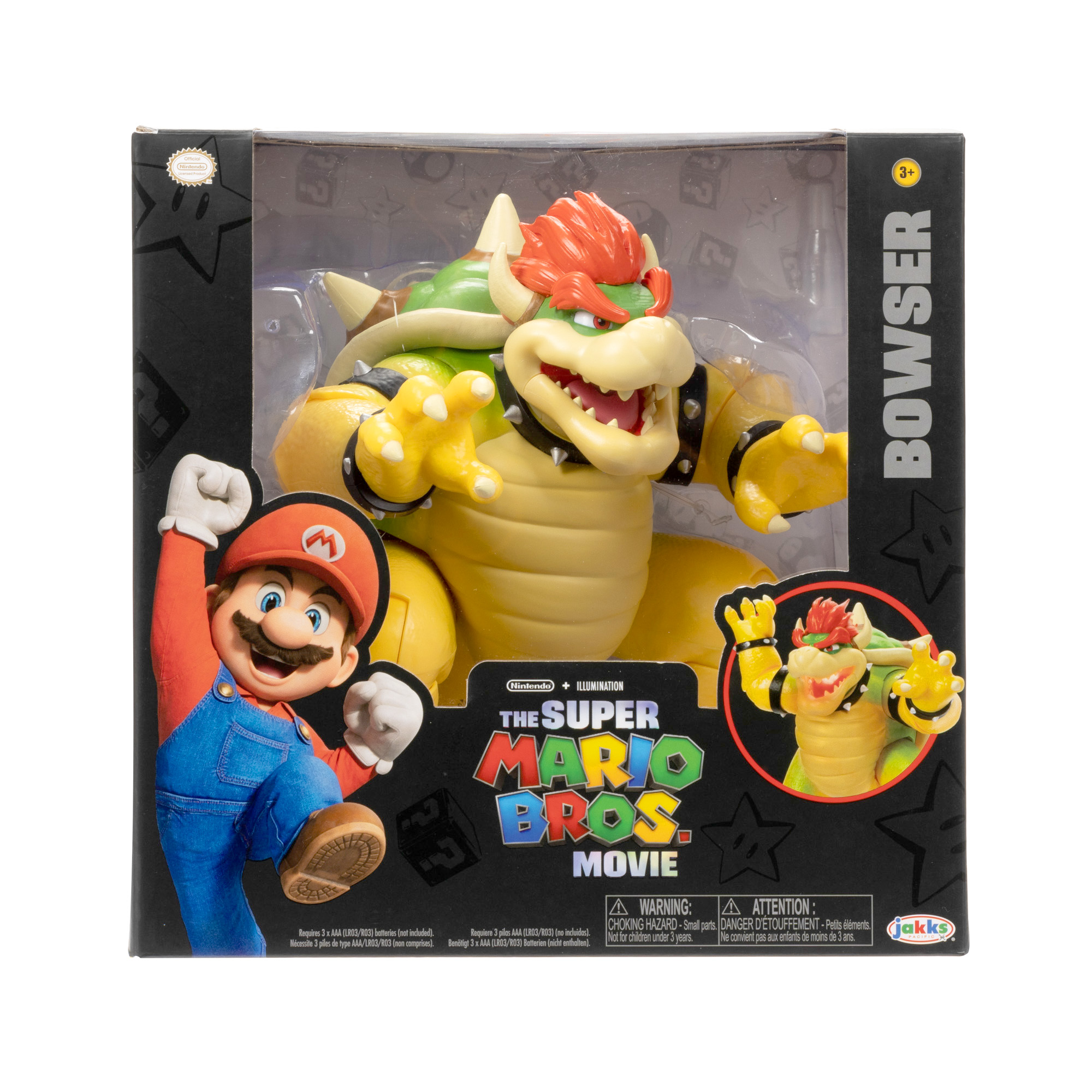 Bowser-Spielzeugfigur in einer Box, mit Mario. Der Super Mario Bros Film wird gezeigt.