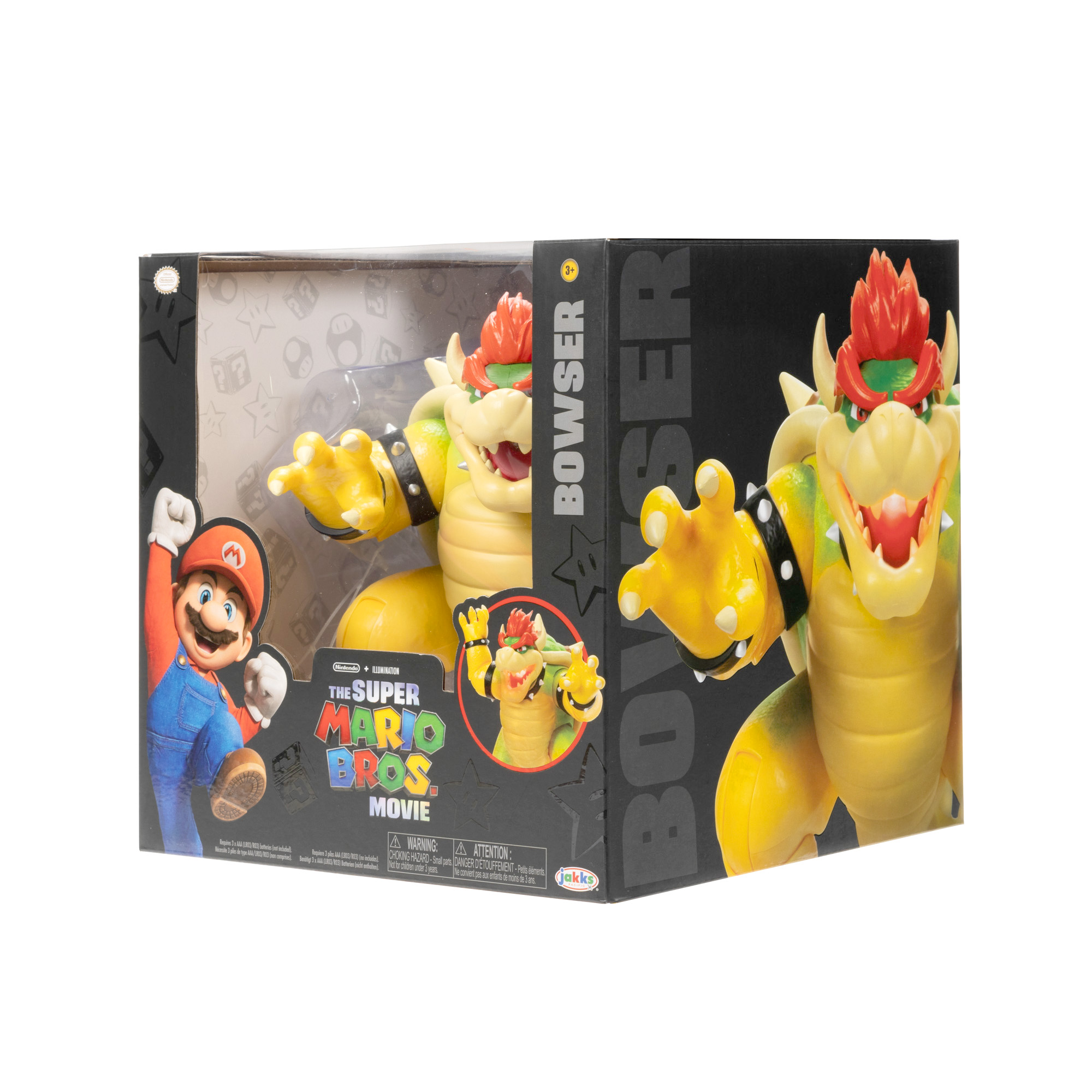 Bowser-Spielzeugfigur aus dem Super Mario Bros. Movie in einer Box, mit Mario-Illustration.
