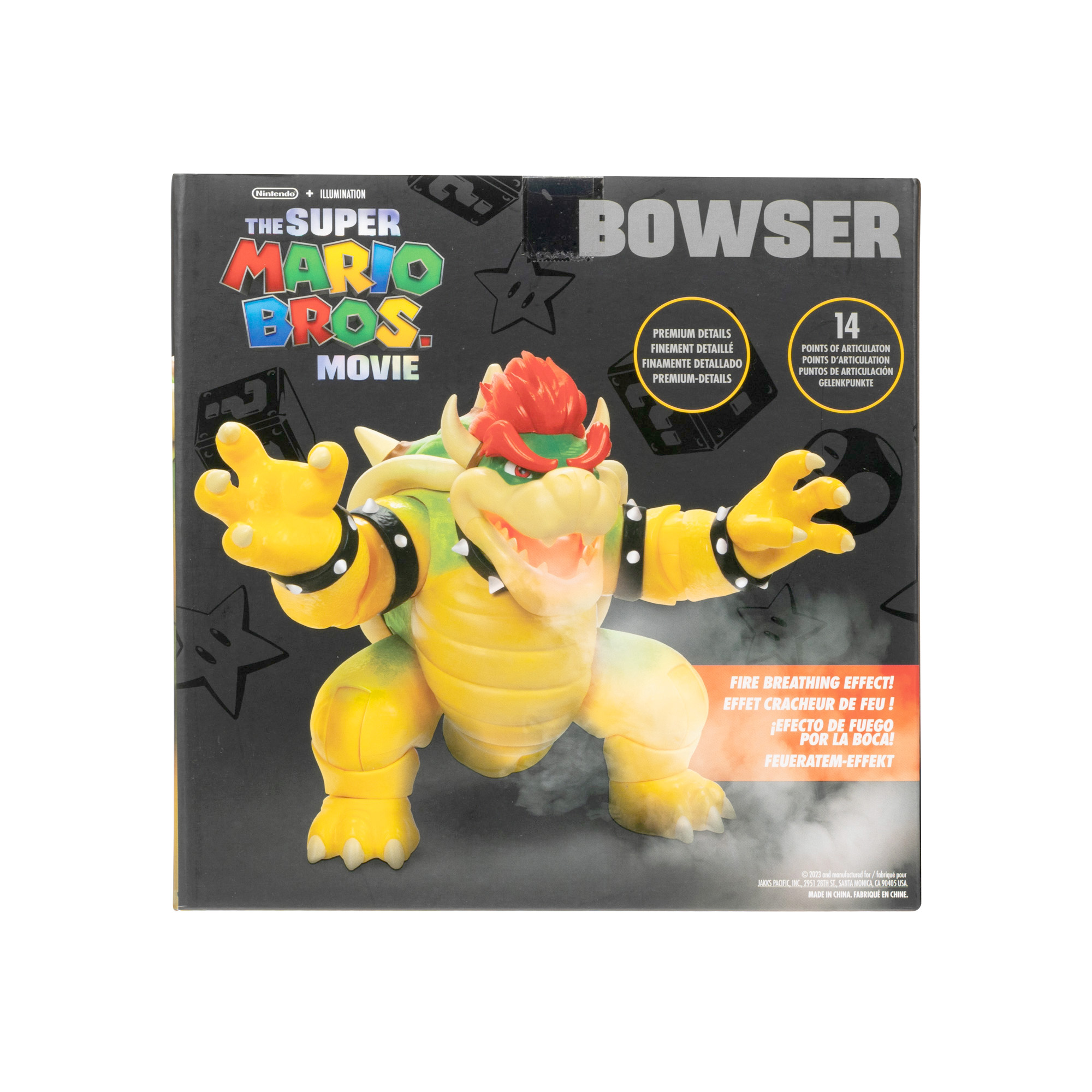 Bowser-Actionfigur in einer Box, mit Feueratmungs-Effekt-Detail.