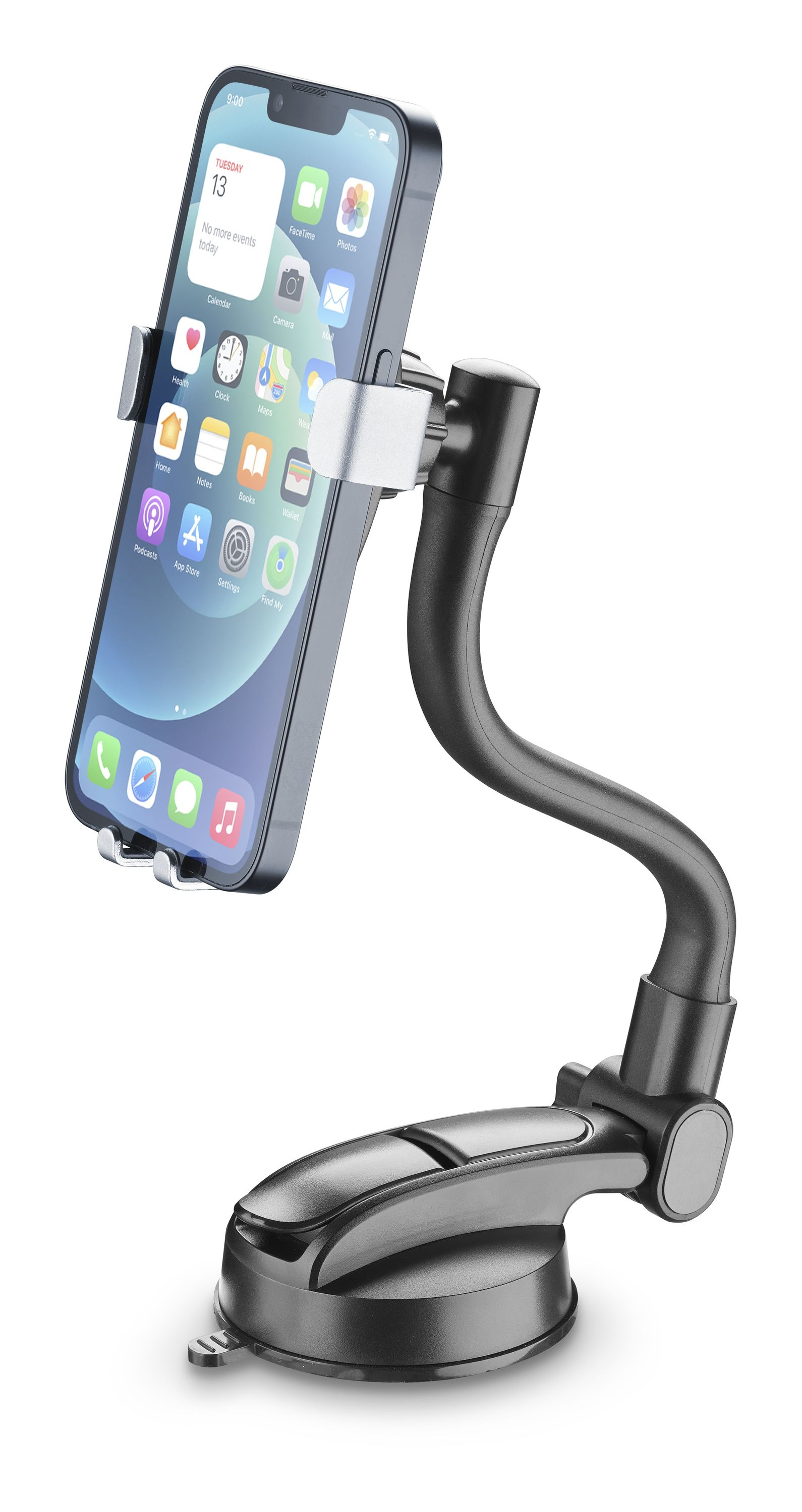 Un teléfono está montado en un soporte para teléfono de coche. El teléfono muestra una aplicación de mapas.