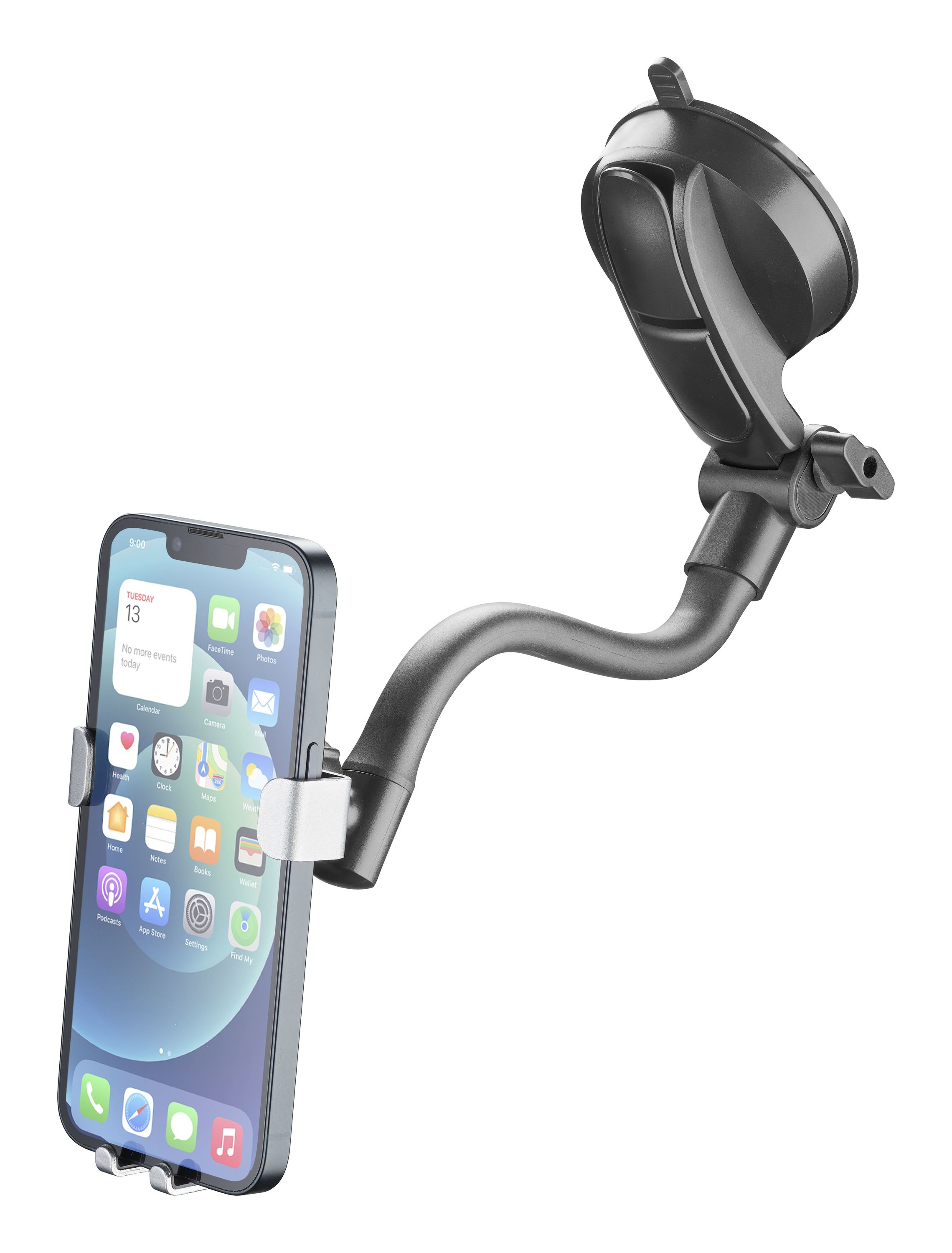 Un soporte para teléfono negro con un teléfono adjunto, montado en un parabrisas.