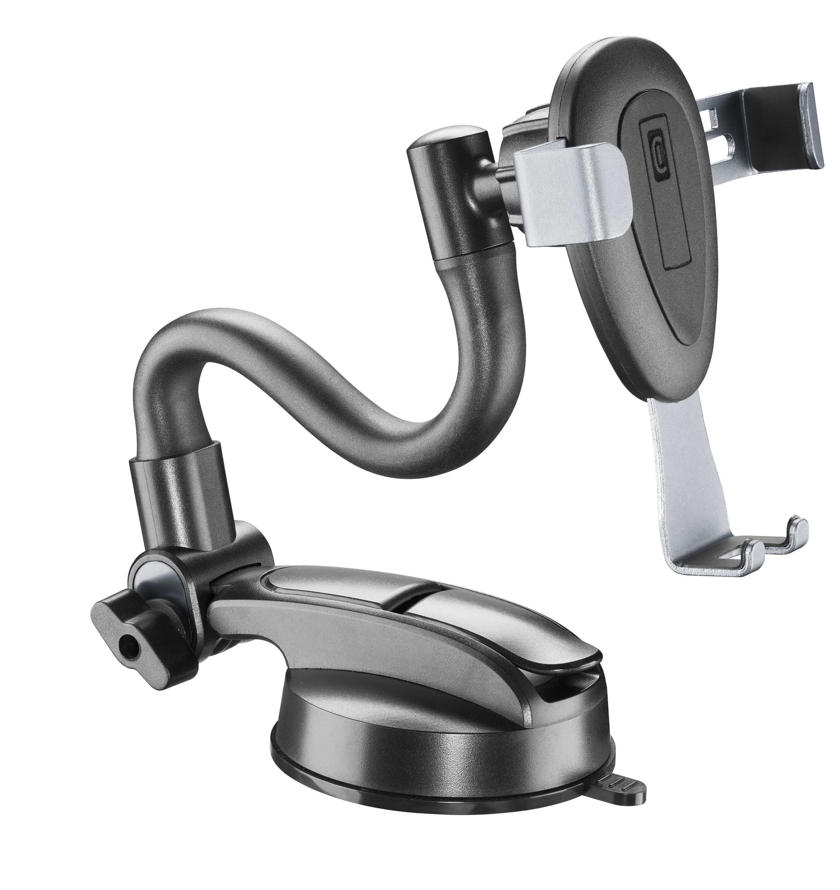 Un soporte para teléfono de coche con brazo flexible y base de ventosa se muestra.