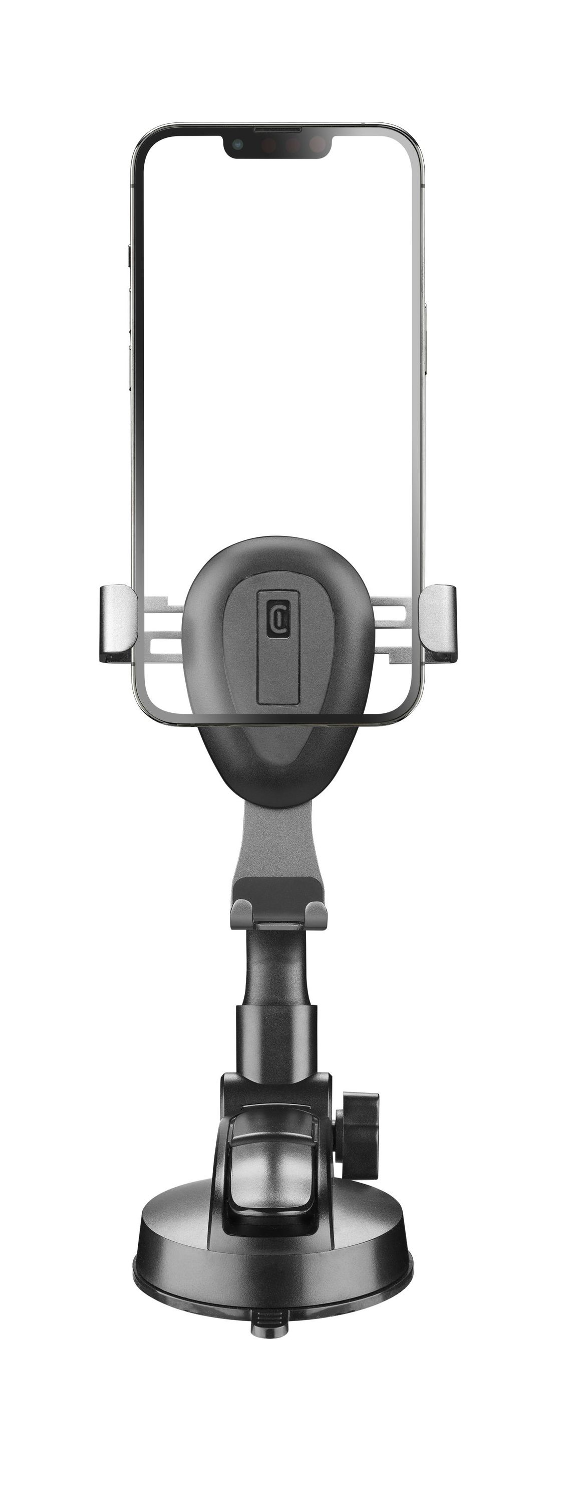 Soporte para teléfono de coche negro montado en una ventosa, con un teléfono adjunto.