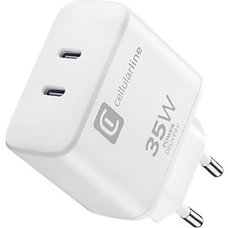 Cargador - CellularLine Dual Charger, 2 Puertos, 35 W, USB - C, Universal, Blanco