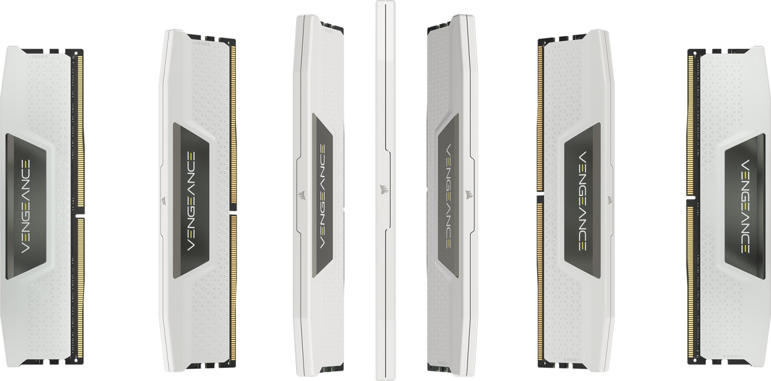 Mehrere Ansichten eines weißen Corsair Vengeance DDR5 RAM-Riegels mit schwarzen und silbernen Details.