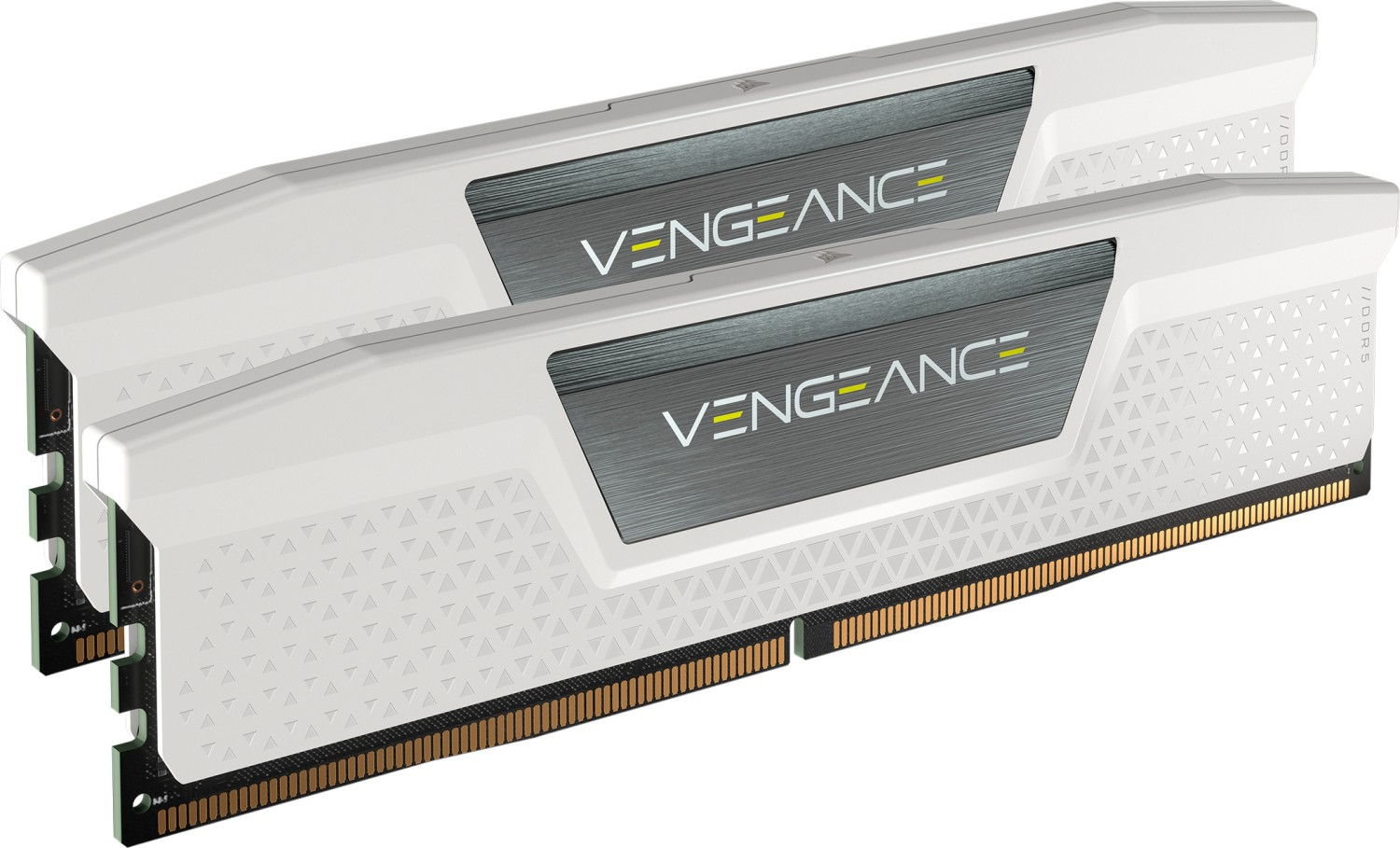 Zwei weiße Corsair Vengeance DDR5 RAM-Riegel mit silbernem Streifen und schwarzen Details.