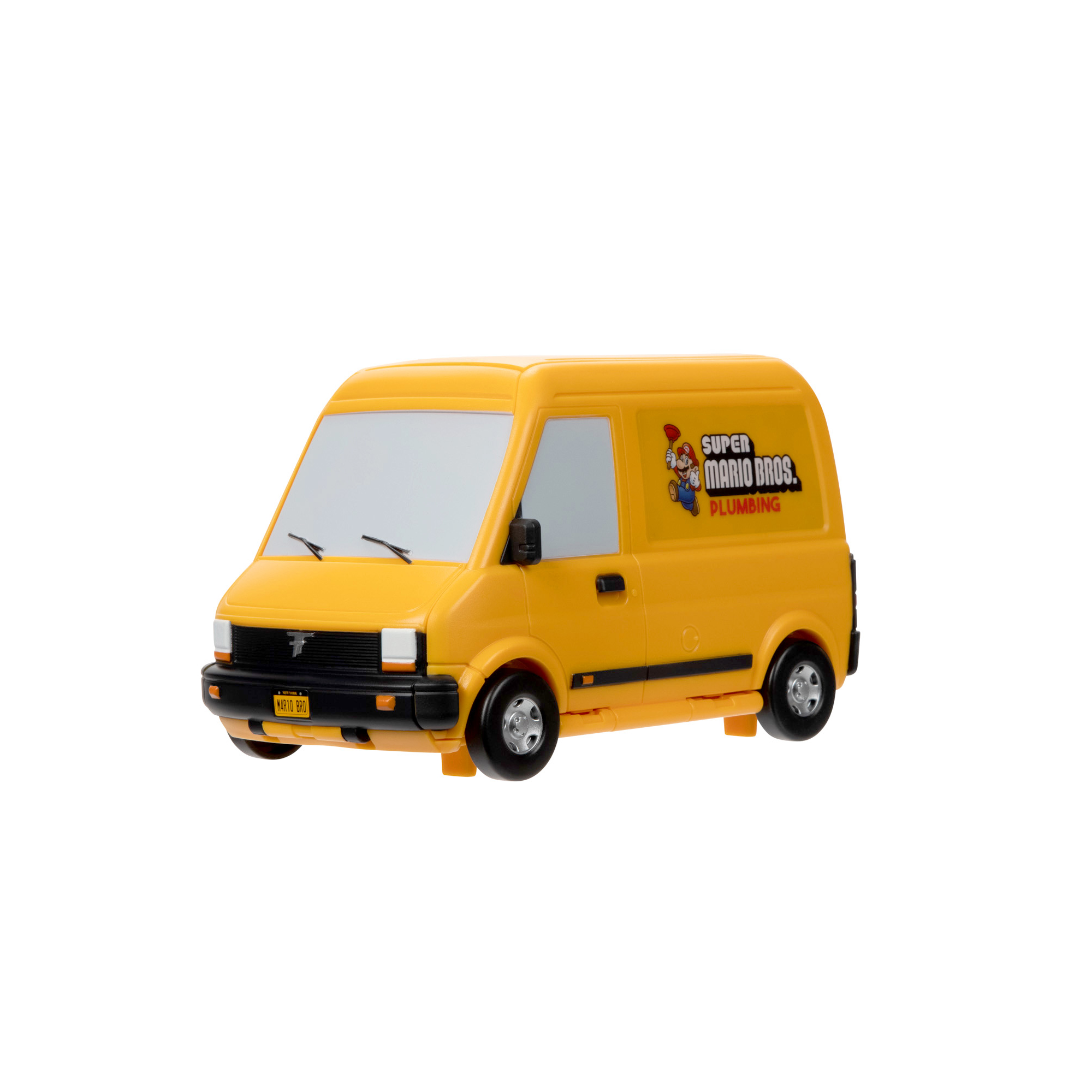 Gelber Transporter mit Super Mario Bros. Plumbing Logo, vor weißem Hintergrund.