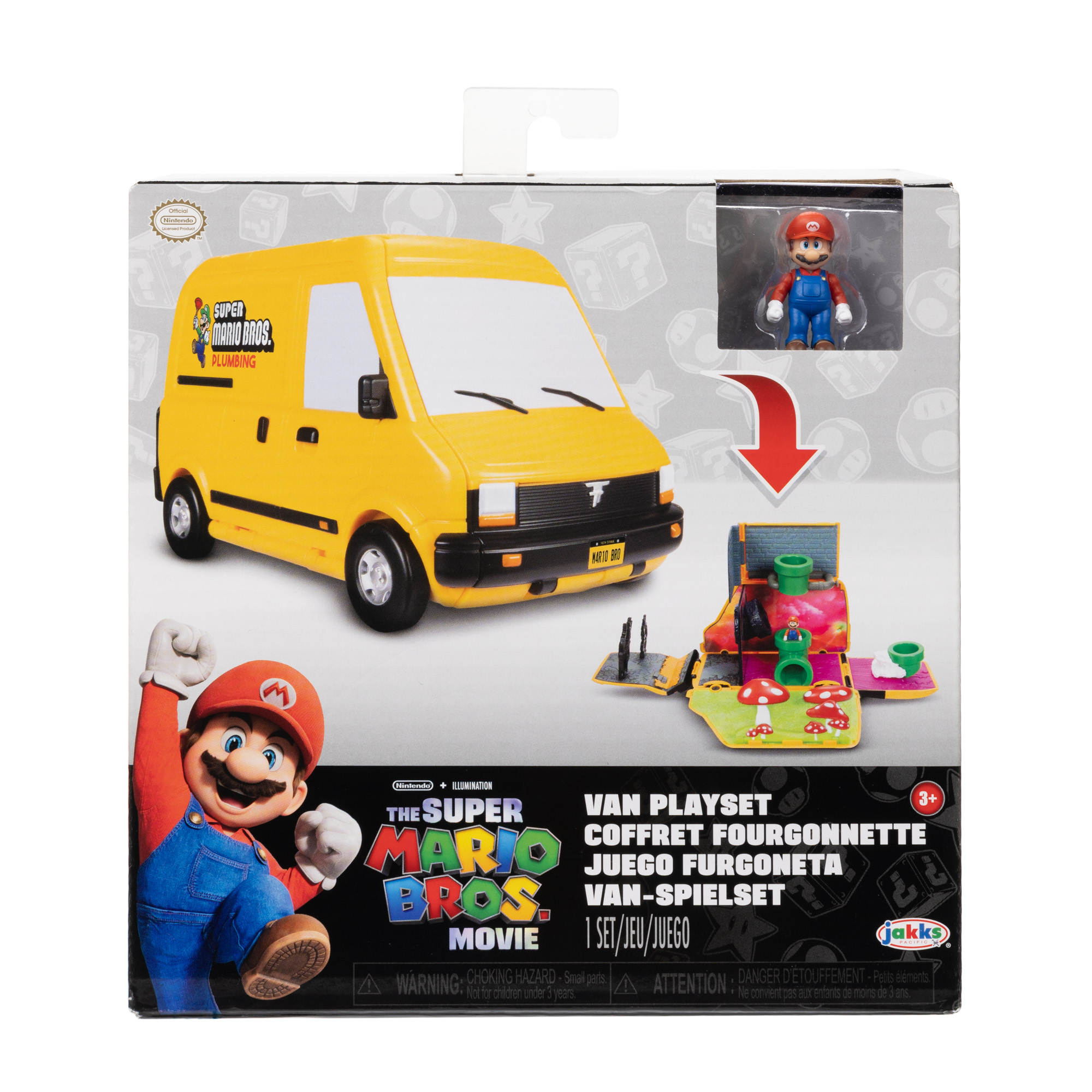 Ein Super Mario Bros. Film-Spielset mit einem gelben Van, einer Mario-Figur und einem Spielset mit Pilzen und Hindernissen.