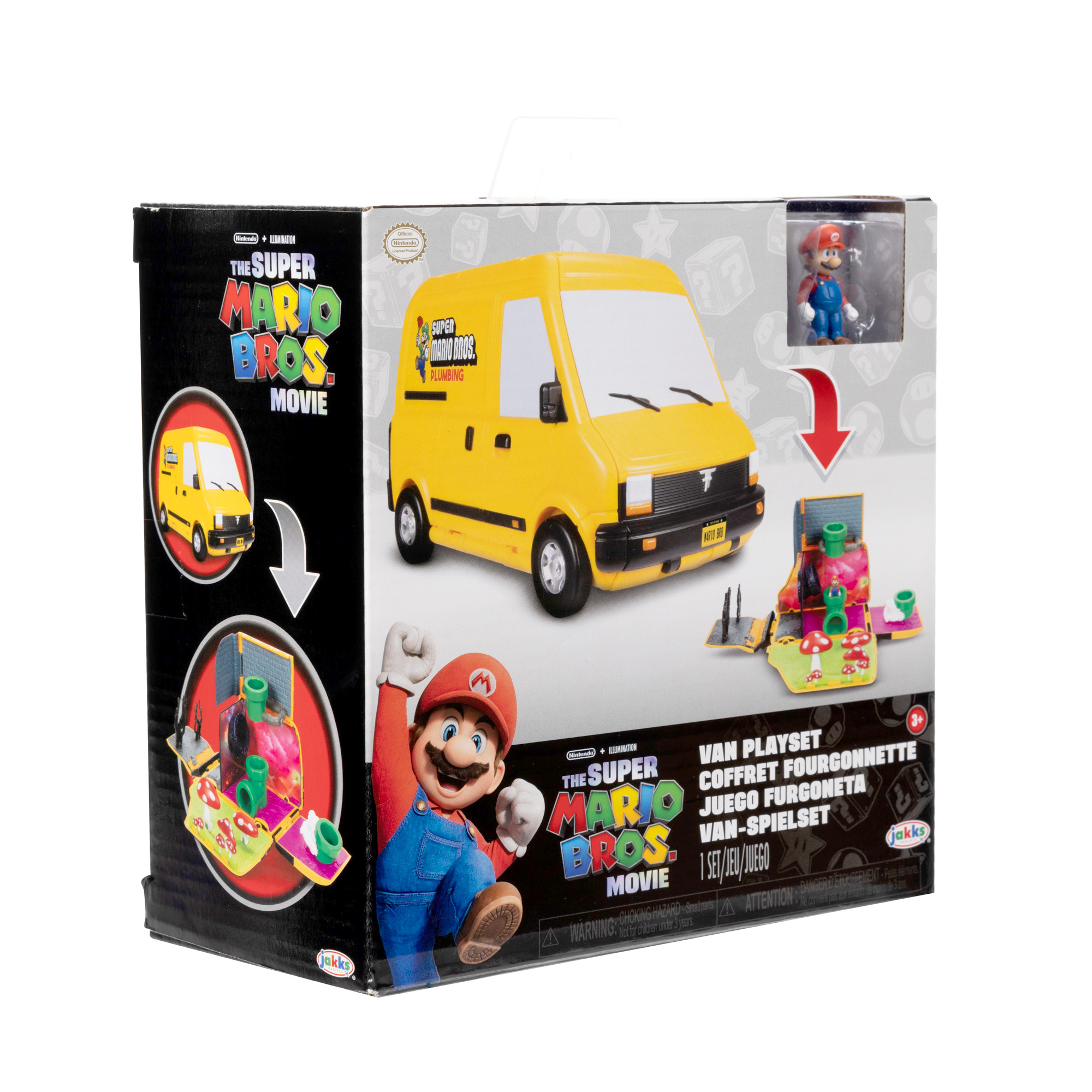 Ein Spielzeugset mit einem gelben Van im Super Mario Bros.-Design und einem Spielset mit Mario-Figur.