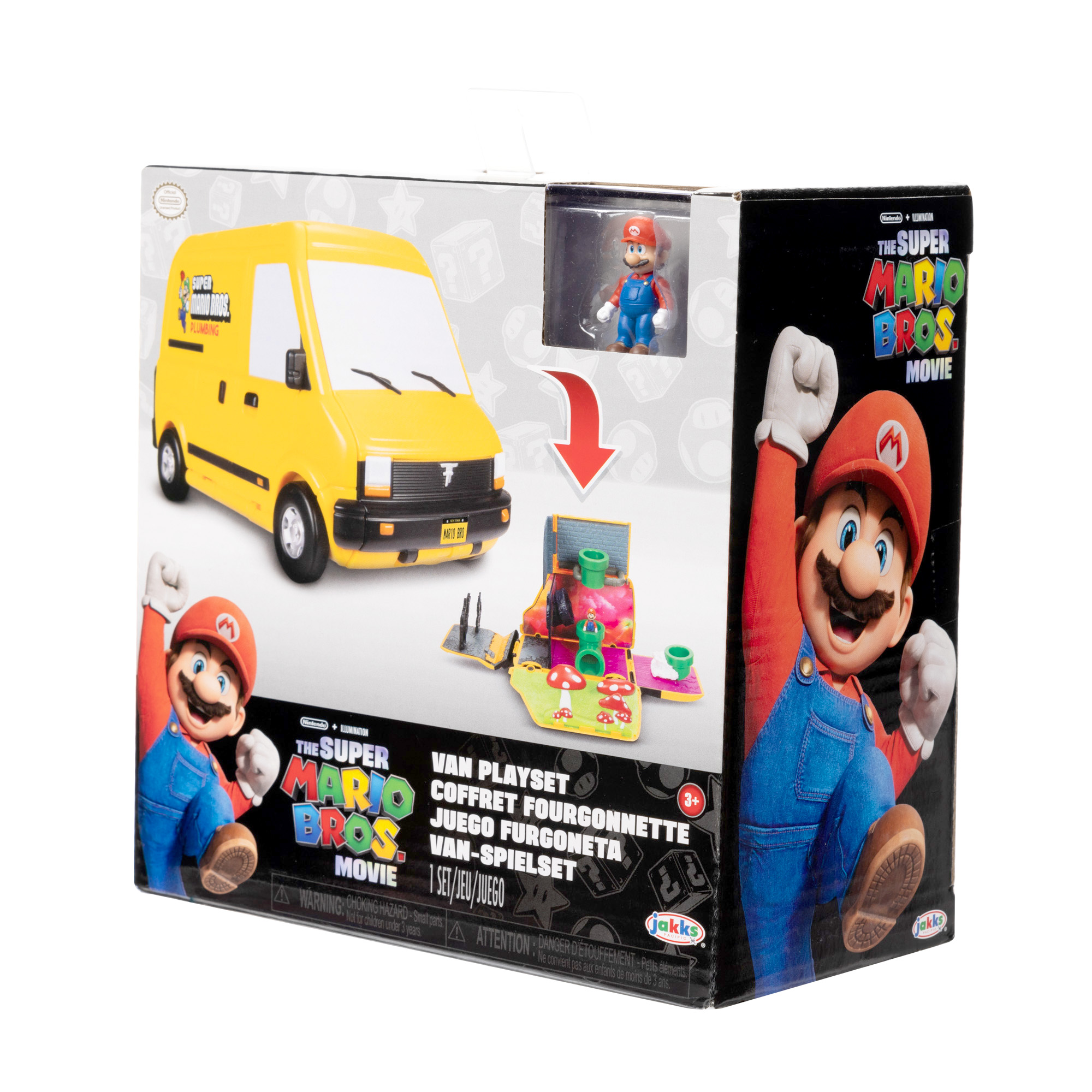Super Mario Bros. Van Spielset Box. Mario Figur, Van und Spielset innen. Gelber Van, roter Mario vorne.