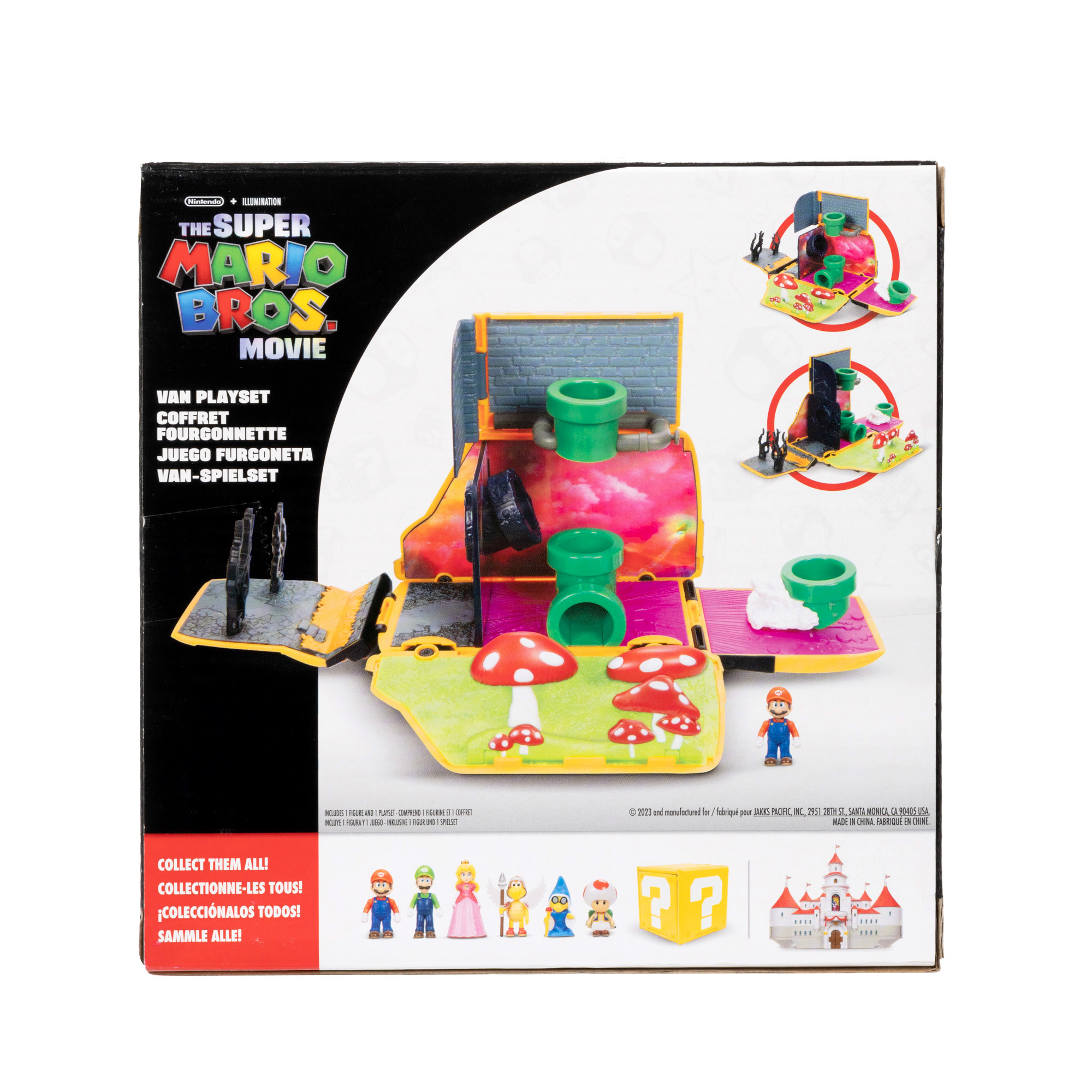 Super Mario Bros. Movie Spielset, mit verschiedenen Figuren, einer Brücke und einer Fragezeichen-Box.