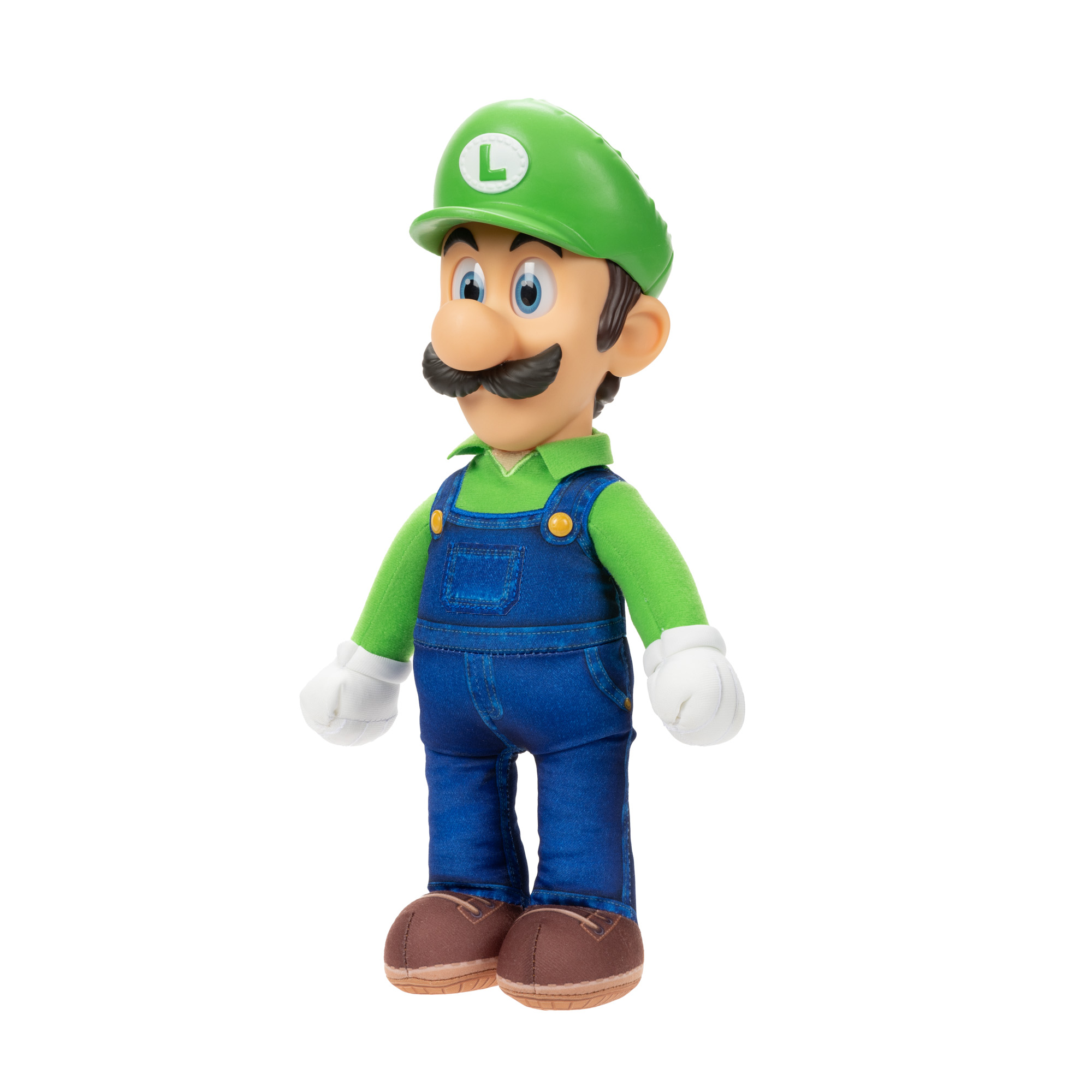 Luigi-Puppe steht da, trägt grünen Hut, Latzhose, grünes Hemd, braune Schuhe und weiße Handschuhe auf Weiß.