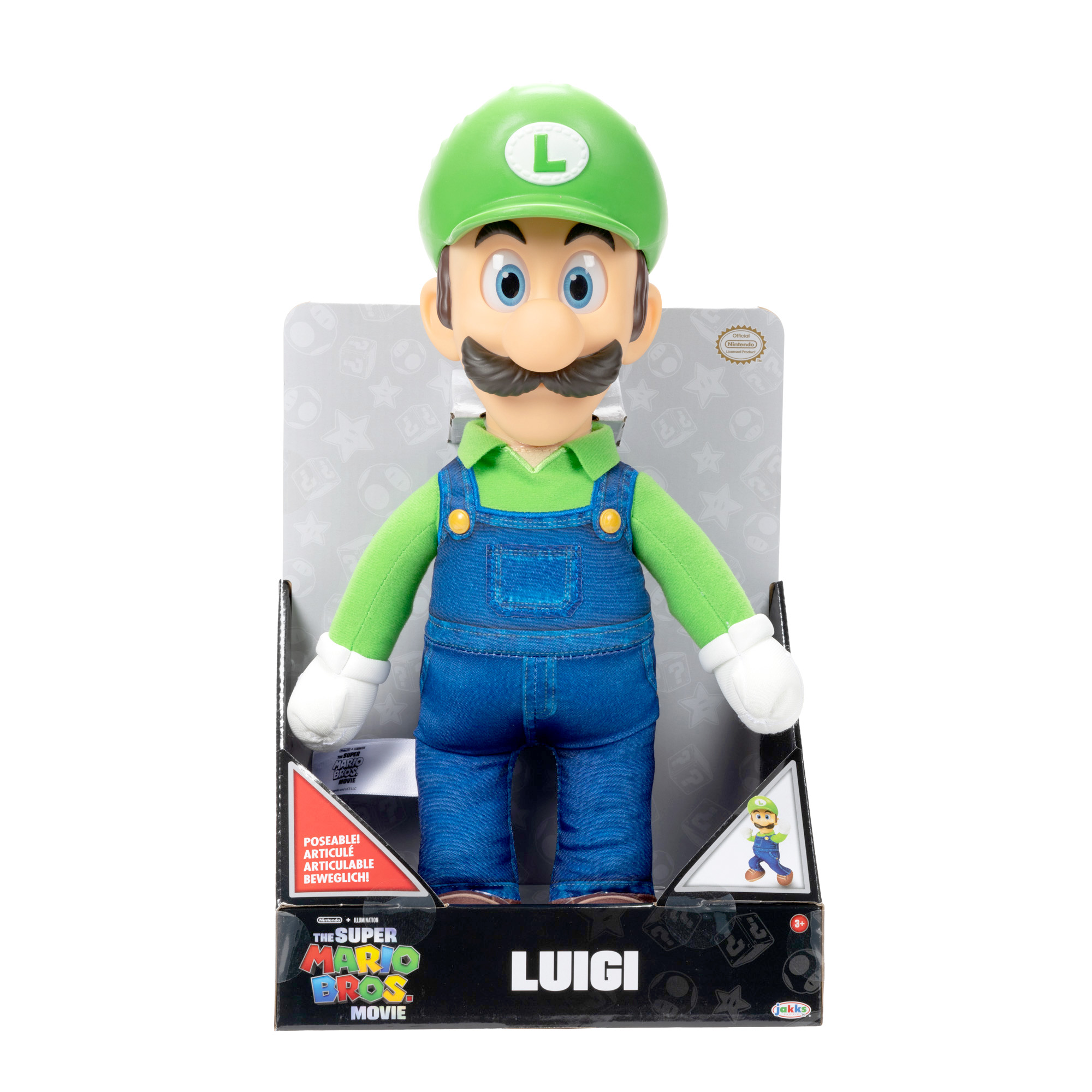 Luigi-Spielzeug in einer Box, basierend auf The Super Mario Bros. Movie. Er trägt grünen Hut und Latzhose.