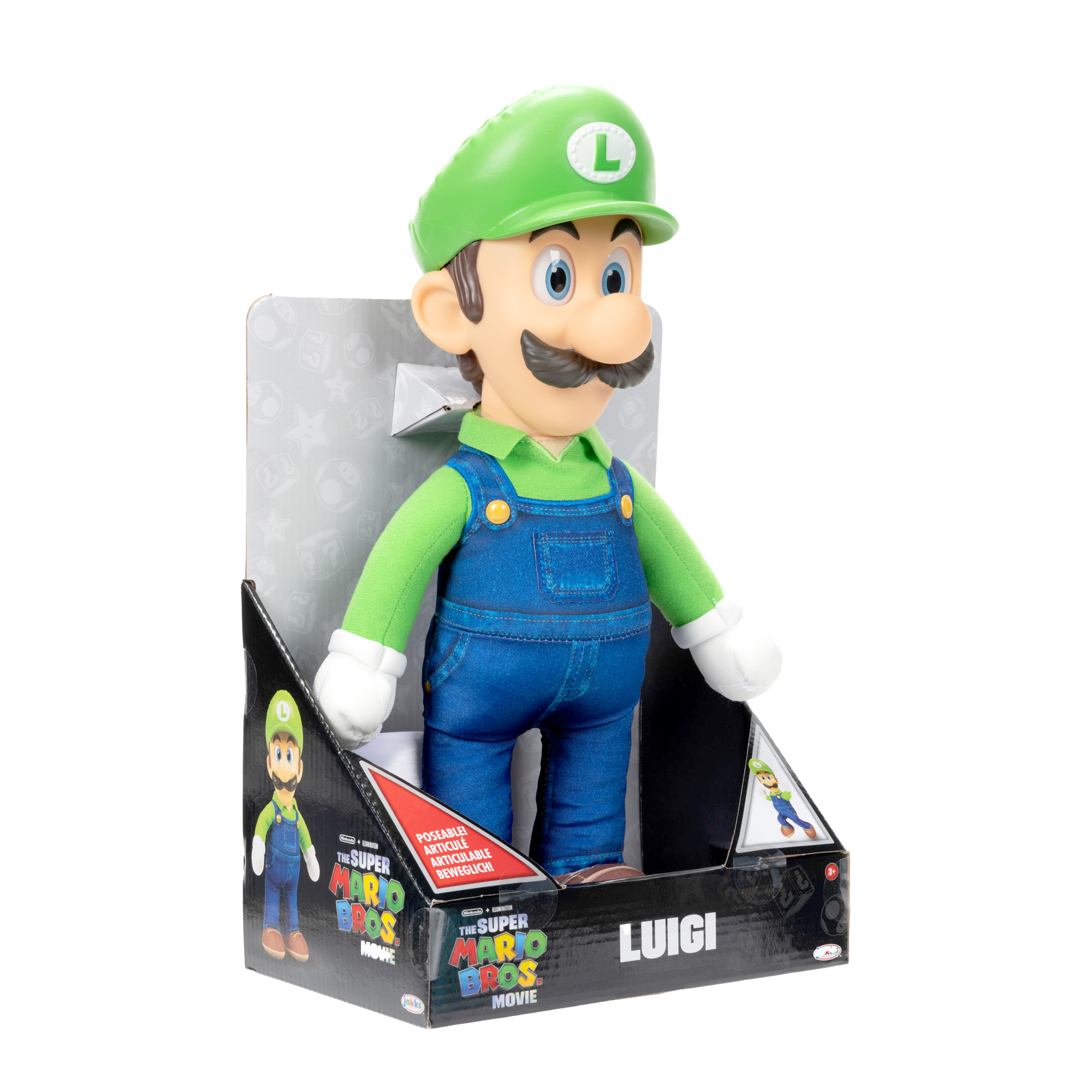 Luigi Spielfigur in der Box. Er trägt einen grünen Hut, blaue Latzhose und Schnurrbart. Box zeigt Spielgrafiken.
