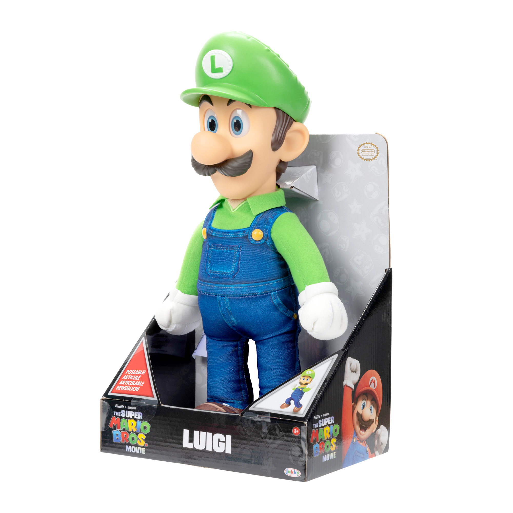 Luigi-Plüschtier in einer Box, trägt grüne Mütze, grünes Hemd und blaue Latzhose.