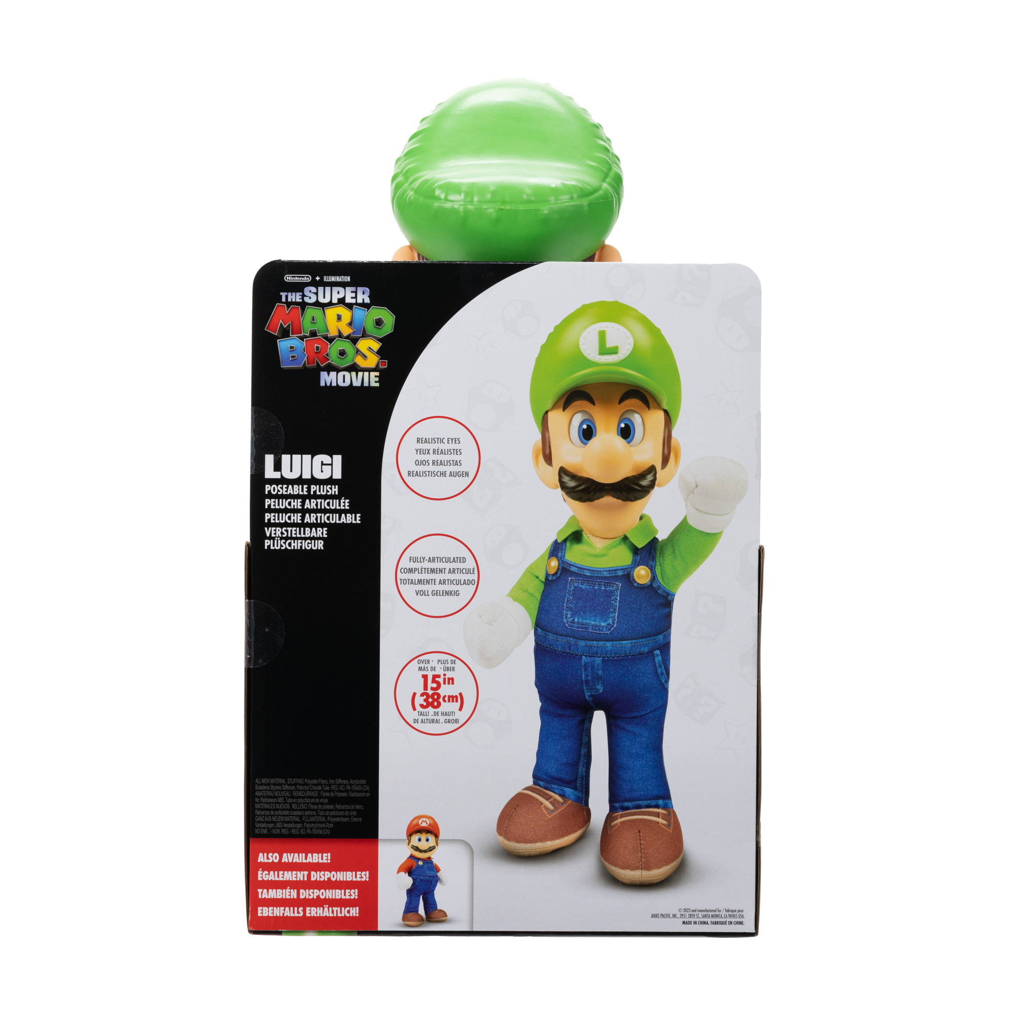 Luigi-Spielfigur mit der Super Mario Bros. Filmverpackung.
