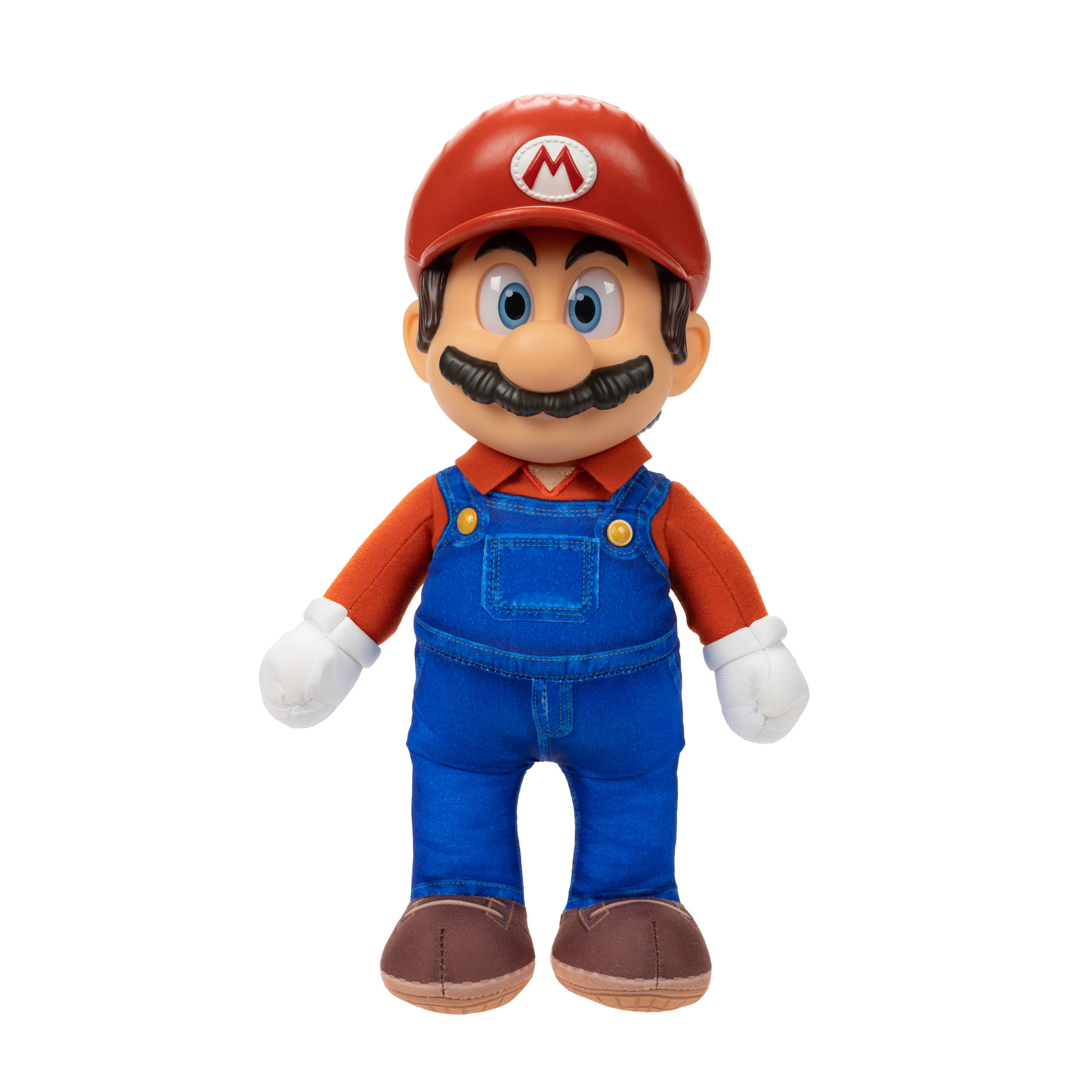 Mario-Puppe mit roter Mütze und Latzhose auf weißem Grund.