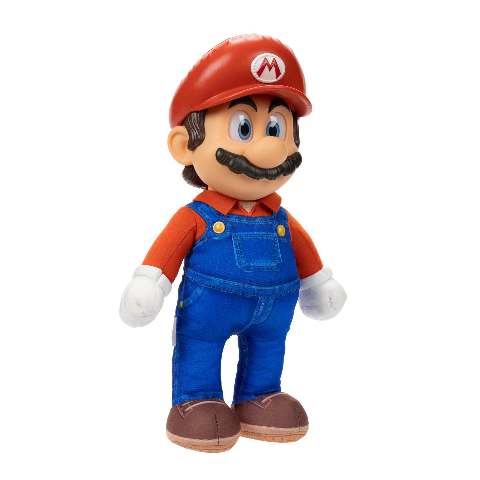 Mario-Plüschpuppe. Roter Hut, blaue Latzhose, braune Schuhe und ein lächelndes Gesicht.