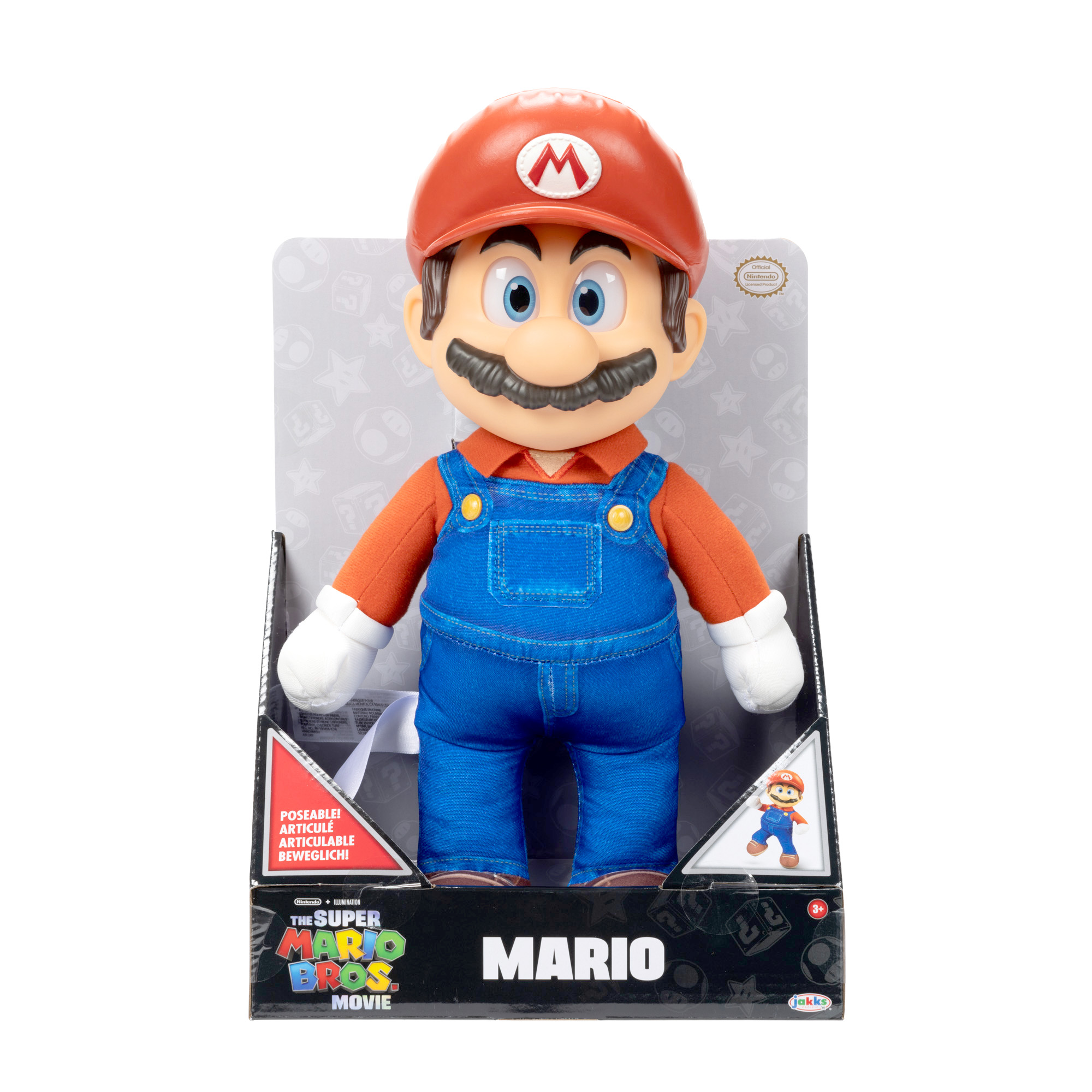 Mario-Puppe in einer Box. Er trägt einen roten Hut, Latzhosen und lächelt. Auf der Box steht „Mario“.