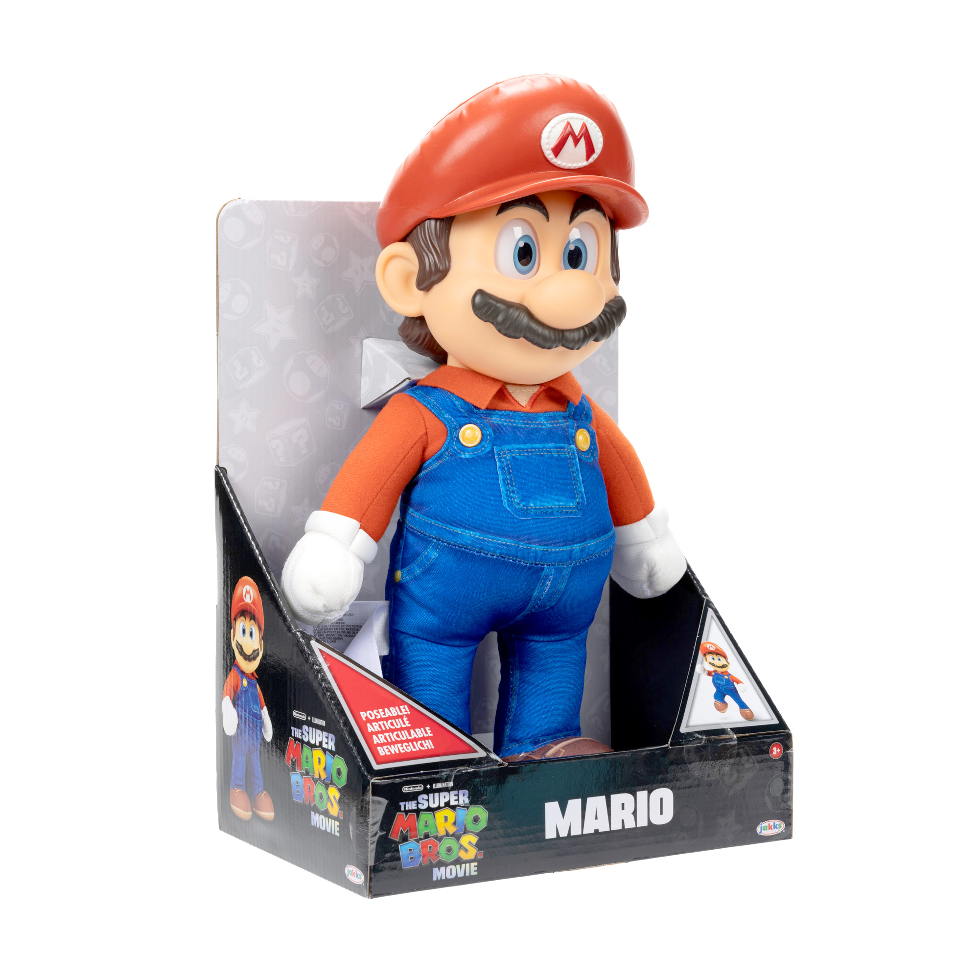 Mario-Puppe in der Box. Er trägt Latzhose, rotes Hemd, Kappe und Schnurrbart.