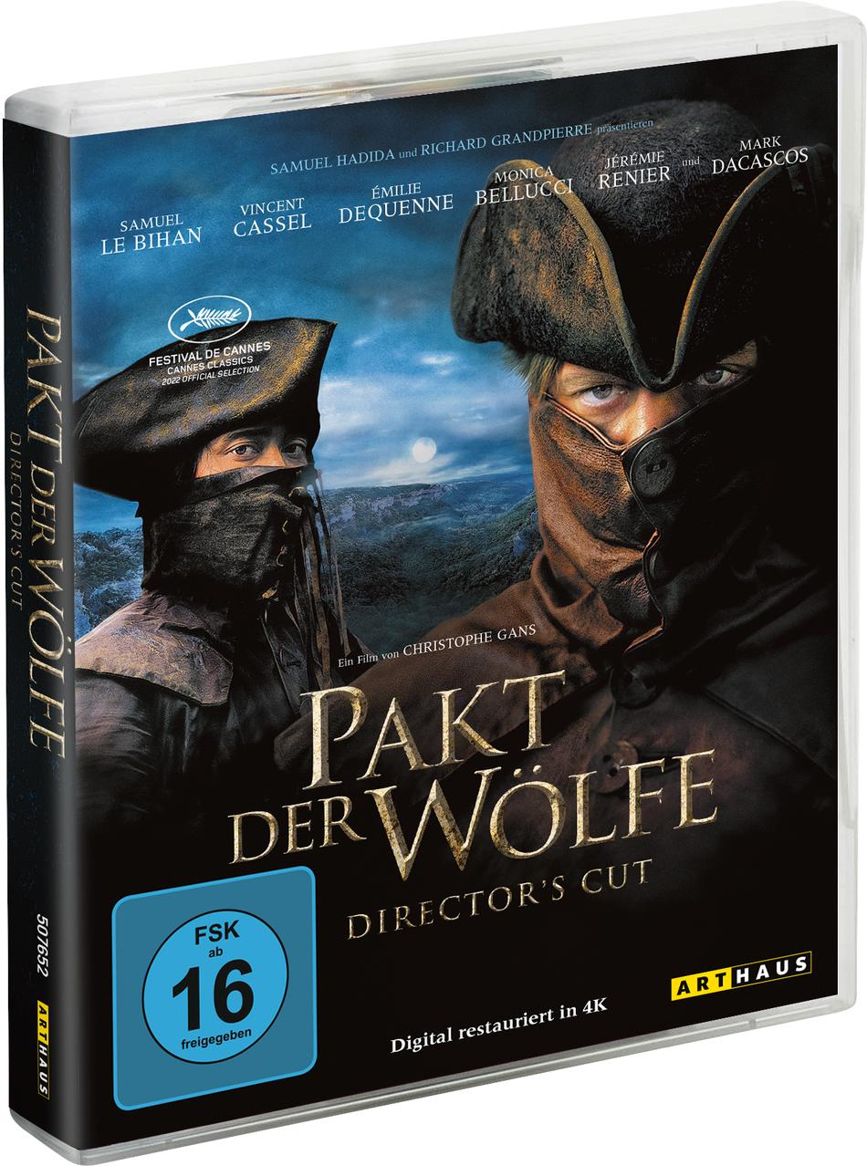 DVD-Hülle von 'Pakt der Wölfe'. Zeigt zwei Personen in dunklen Umhängen und Hüten auf dunkelblauem Hintergrund.