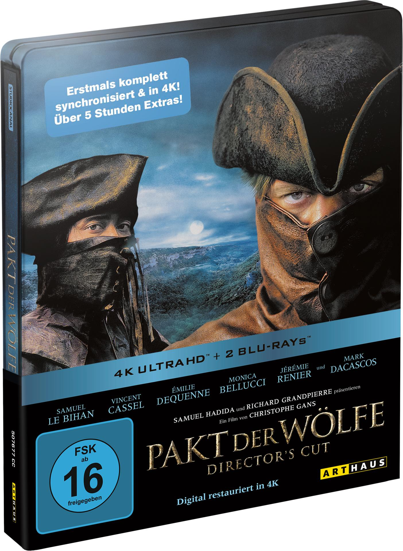 Filmcover von 'Pakt der Wolfe' mit zwei maskierten Männern, 4K Blu-ray-Edition.