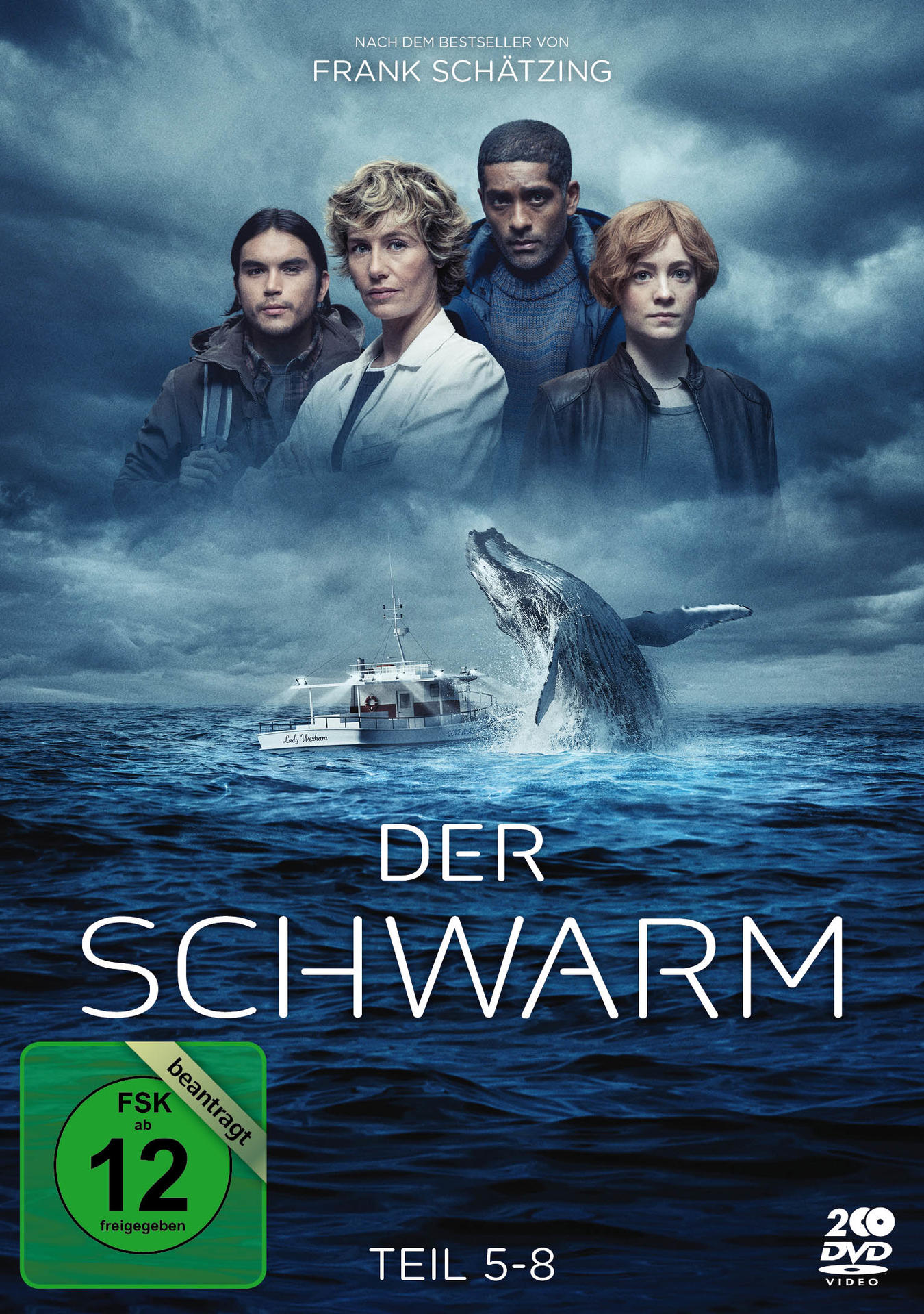 DVD-Cover für 'Der Schwarm'. Vier Personen, ein Boot und ein Wal, der aus dem Wasser springt, stürmischer Himmel.
