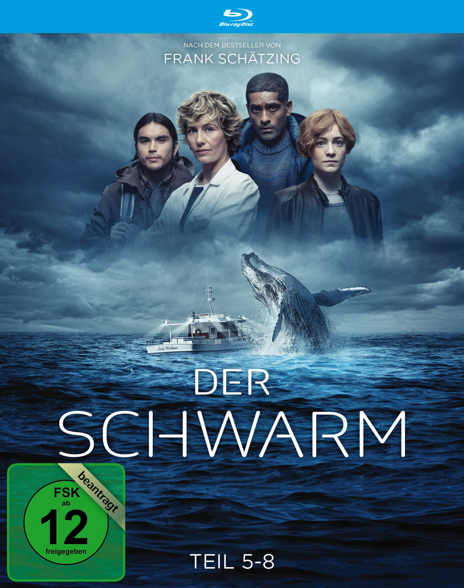 Blu-ray Cover für den Film 'Der Schwarm'. Vier Personen und ein Wal auf dunkler See.