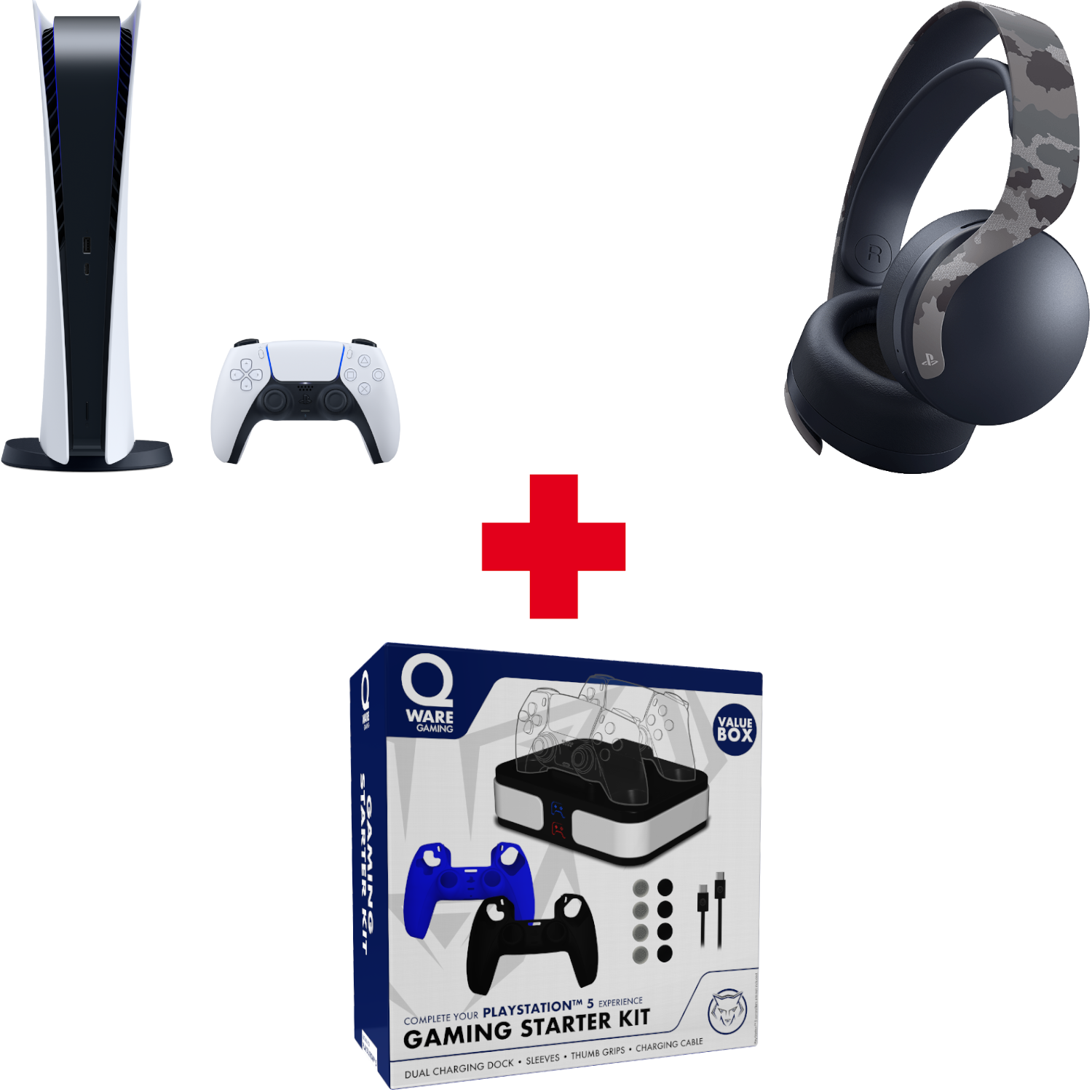 PLAYSTATION PS5 Digital Edition 825 GB + Draadloze gaming headset PS5 Pulse 3D Grey Camo + PS5 gaming starter kit