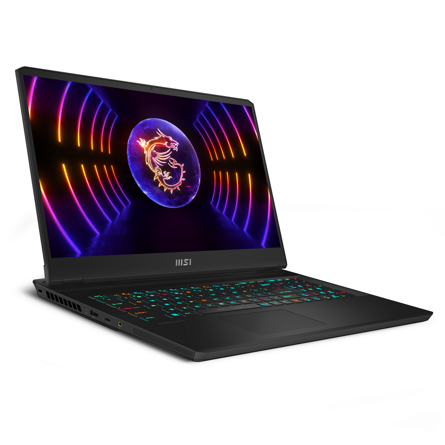 Laptop negro que muestra un gráfico animado y colorido con el logotipo de MSI.