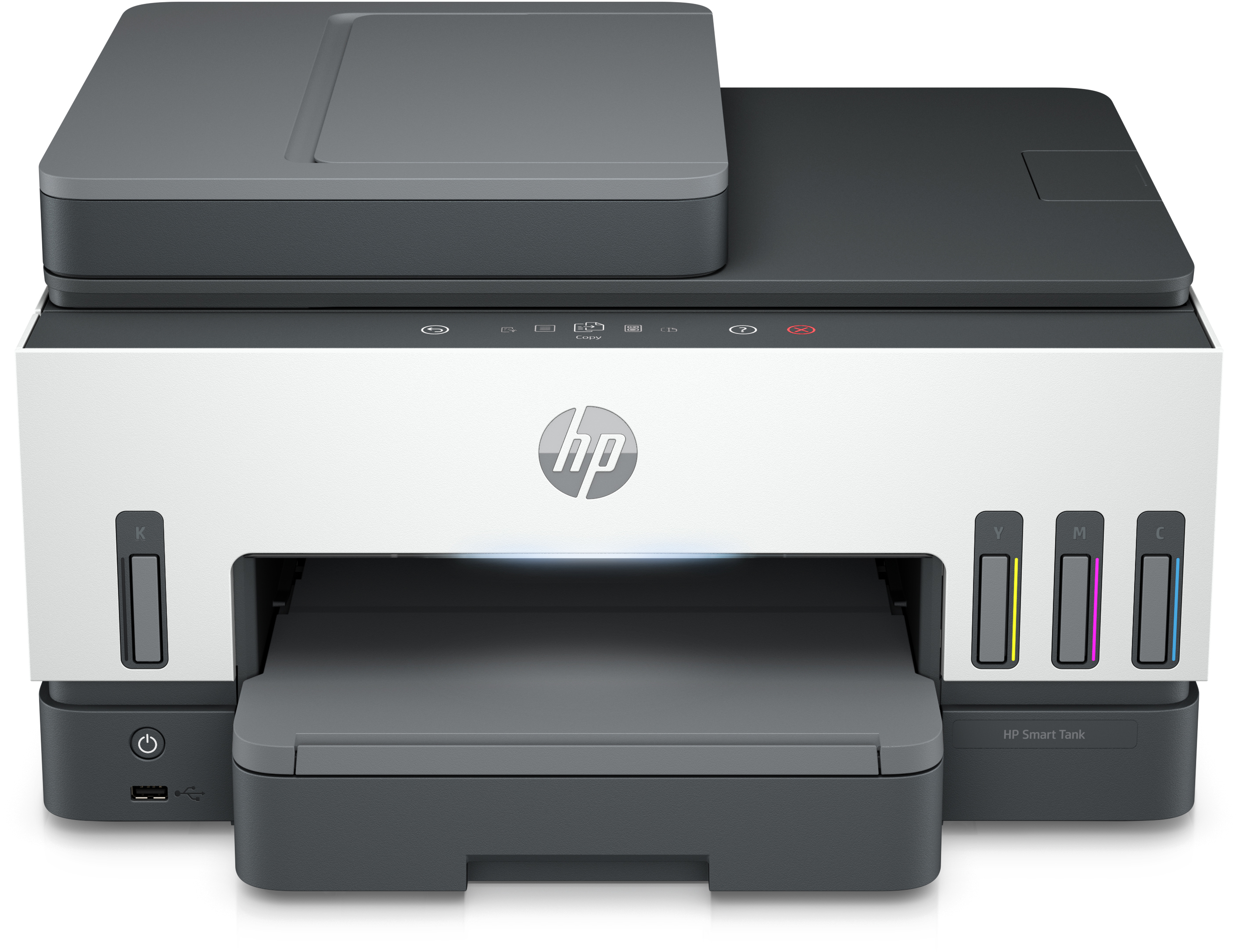 HP Smart Tank nyomtató. Fehér és szürke, fekete tintatartályokkal. Síkágyas szkennerrel és papírtálcával.