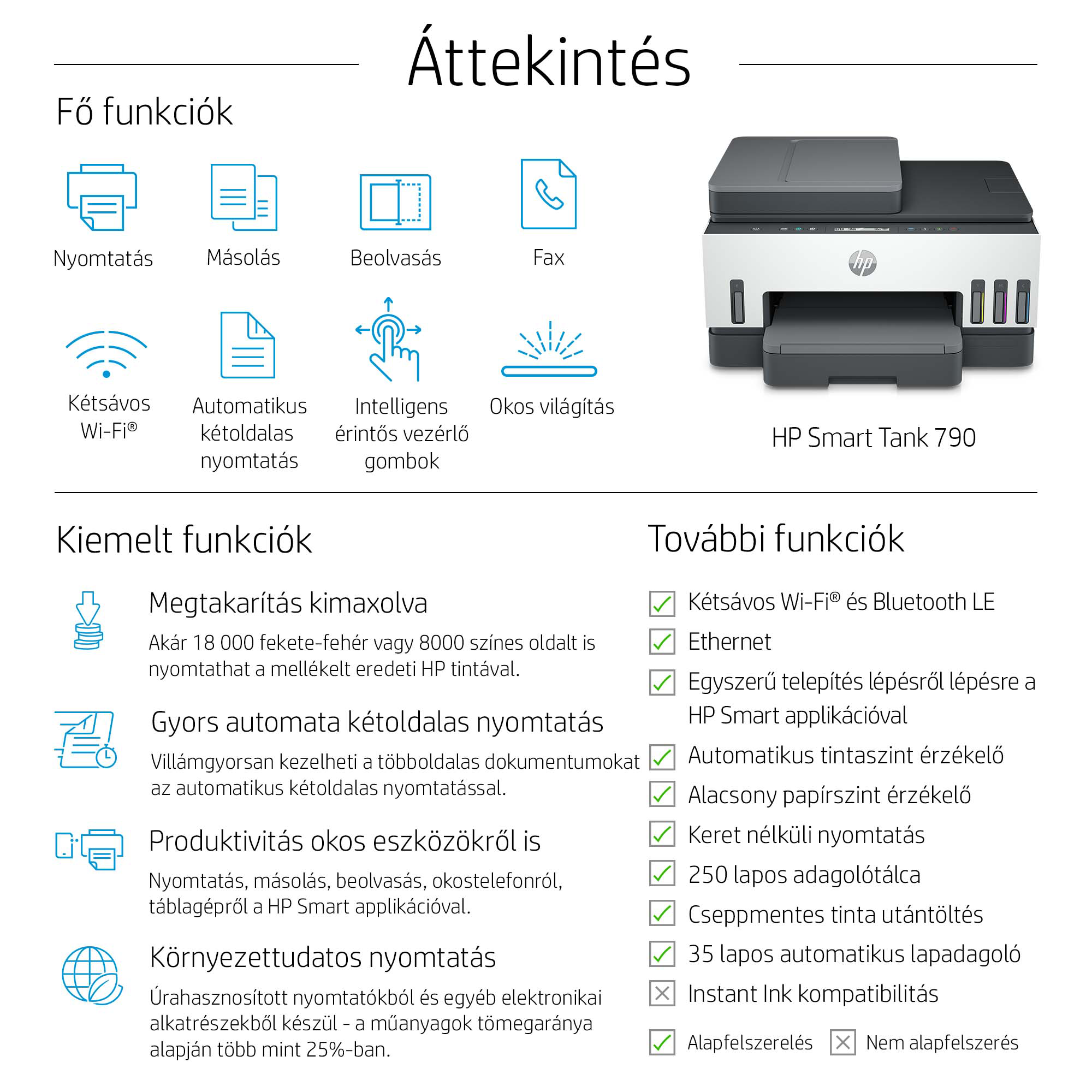 HP Smart Tank 790 nyomtató, felsorolt funkciókkal.