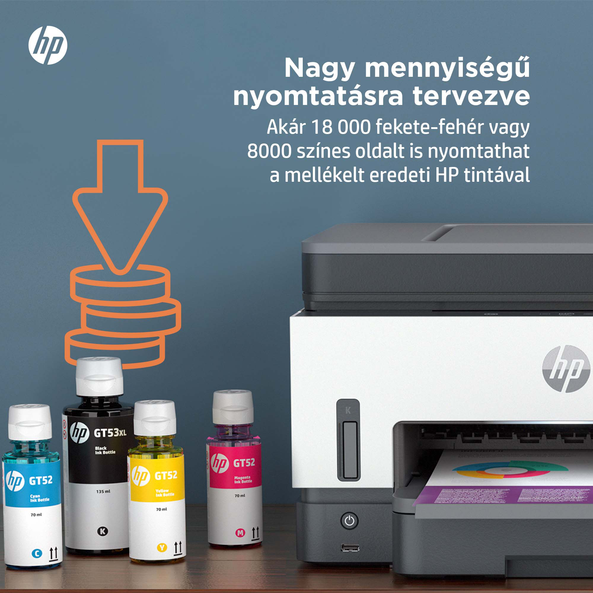 Egy nyomtató tintapalackok mellett. A szöveg: Nagy mennyiségű nyomtatásra tervezve, akár 18 000 oldal.