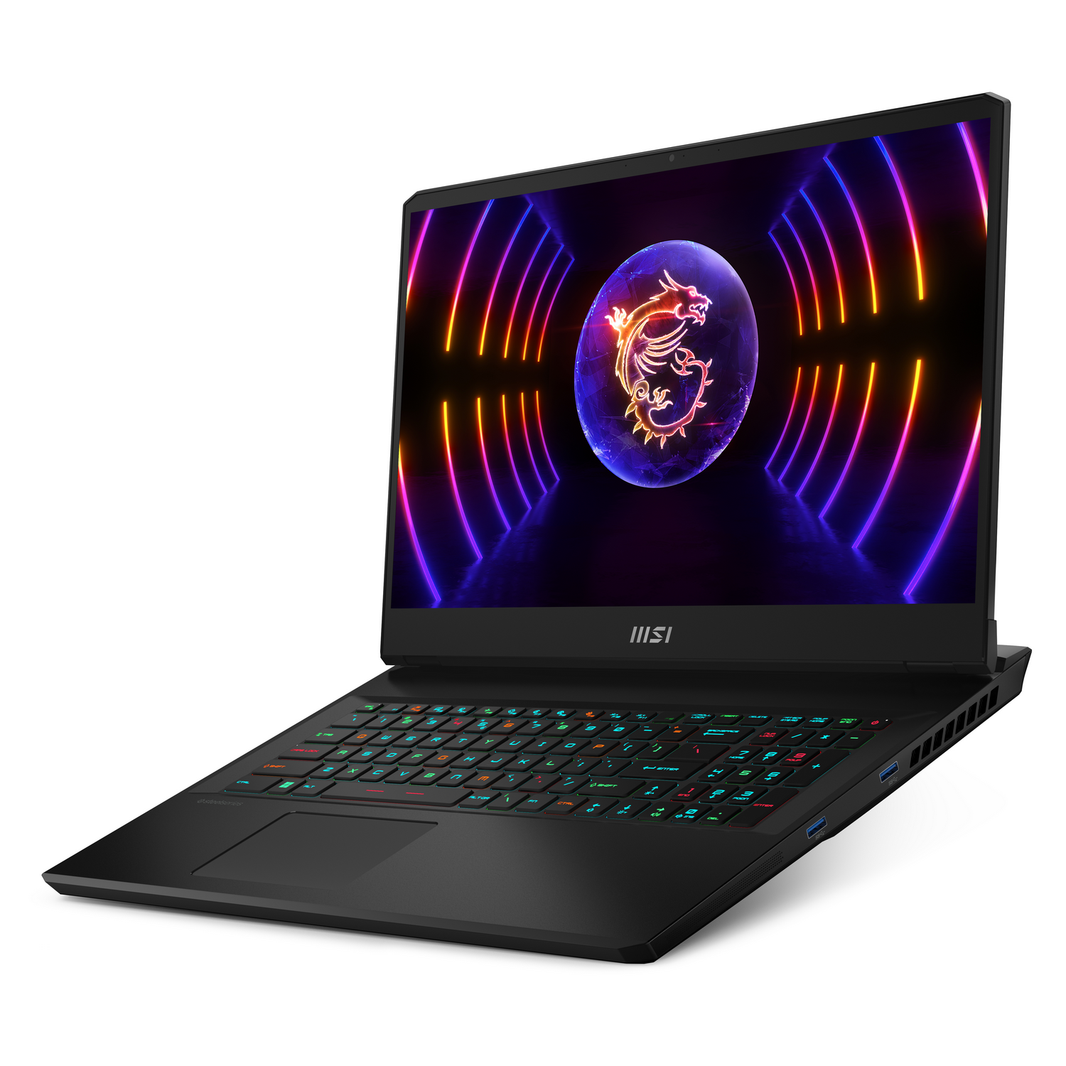 Ordenador portátil negro con teclado iluminado. Pantalla con gráfico de dragón. Fondo blanco.